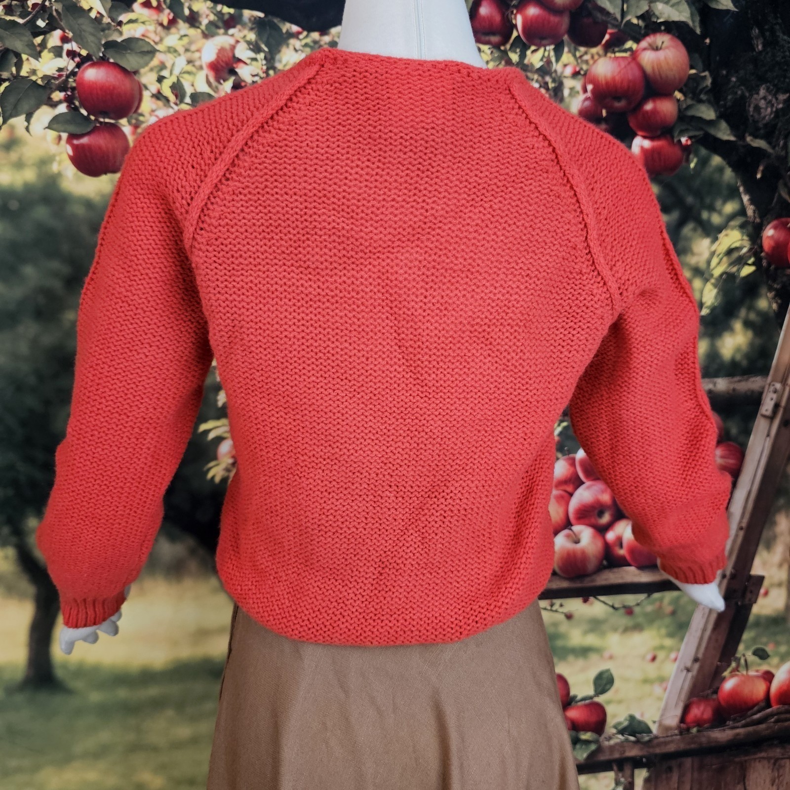 Vintage 1970s Pullover Sweater Orange Red Long Sleeve Cable Knit Retro Cozy