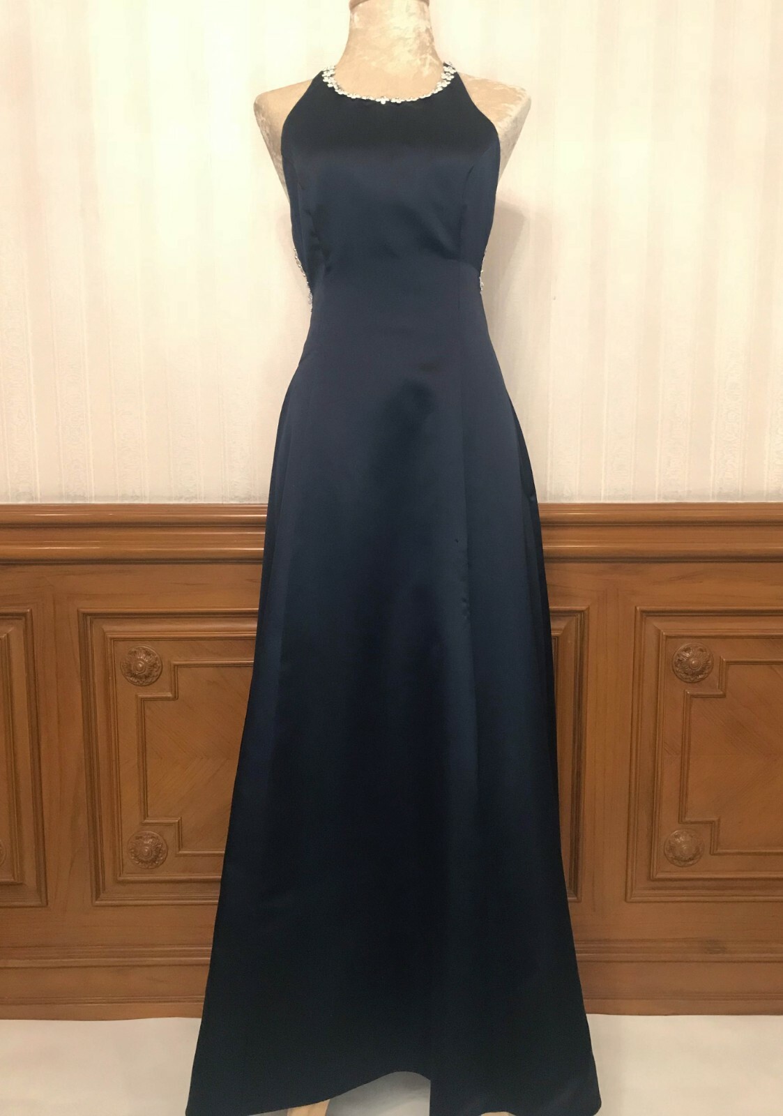 Vintage Bari Jay Satin Halter Prom Party Formal Dress Gown Navy Blue Sz 4 USA