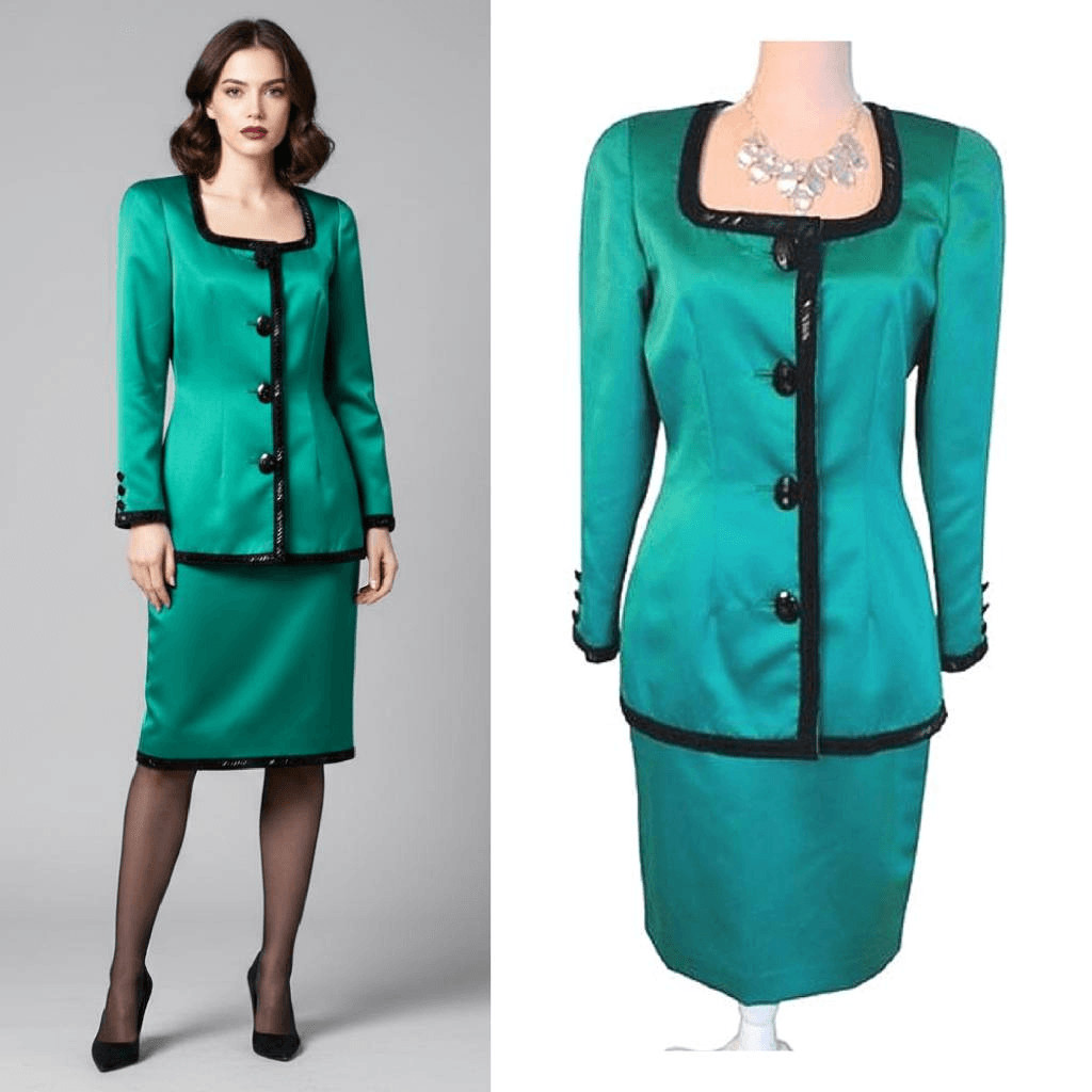 VTG 90s D&rsquo;ore Della Roufogali Green Satin Beaded Skirt Suit Set 6 Event Gala MCM
