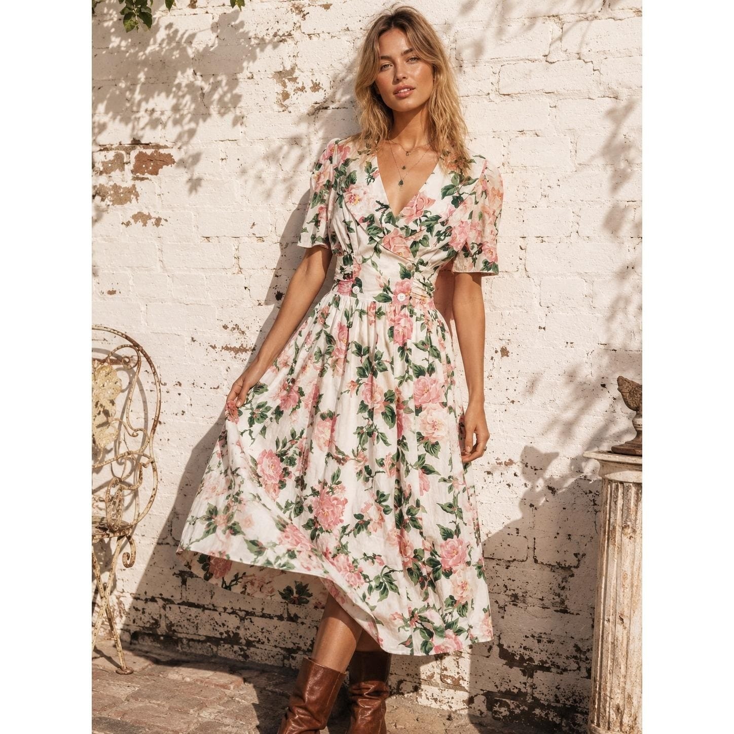 Vintage Carol Anderson White Pink Floral Cotton Maxi Dress Cottagecore 13/14