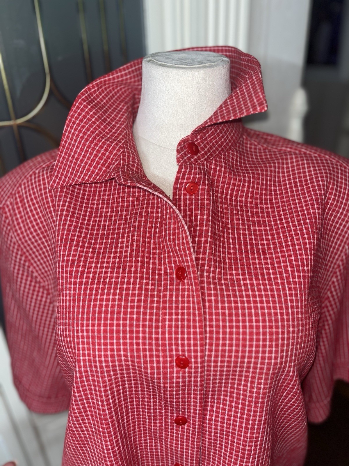 TanJay 18W Red White Gingham Embroidered Button Front Blouse Plus Size Retro