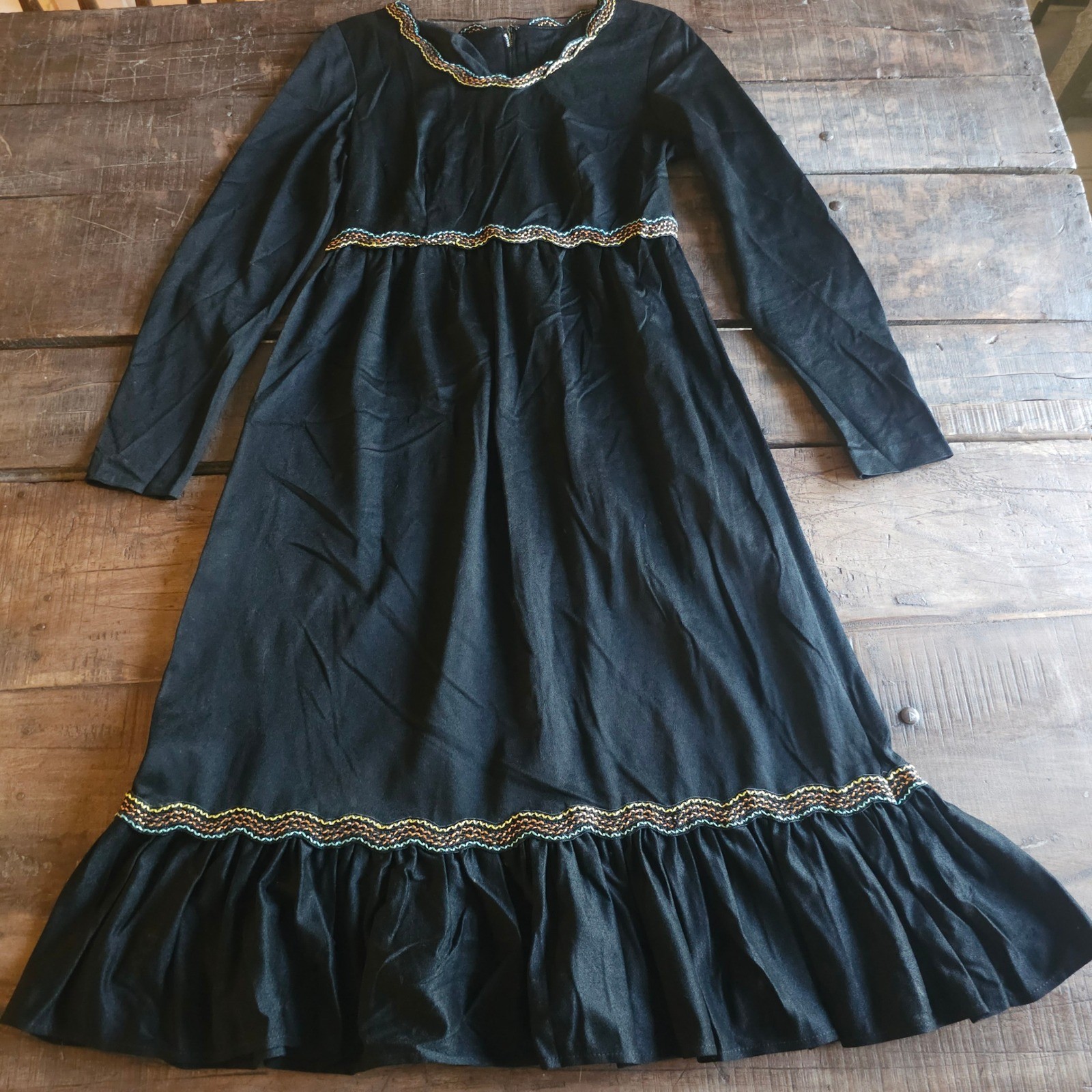 1970s Vintage Black Long Sleeve Midi Dress Ric Rac Trim Ruffle Boho Prairie Folk