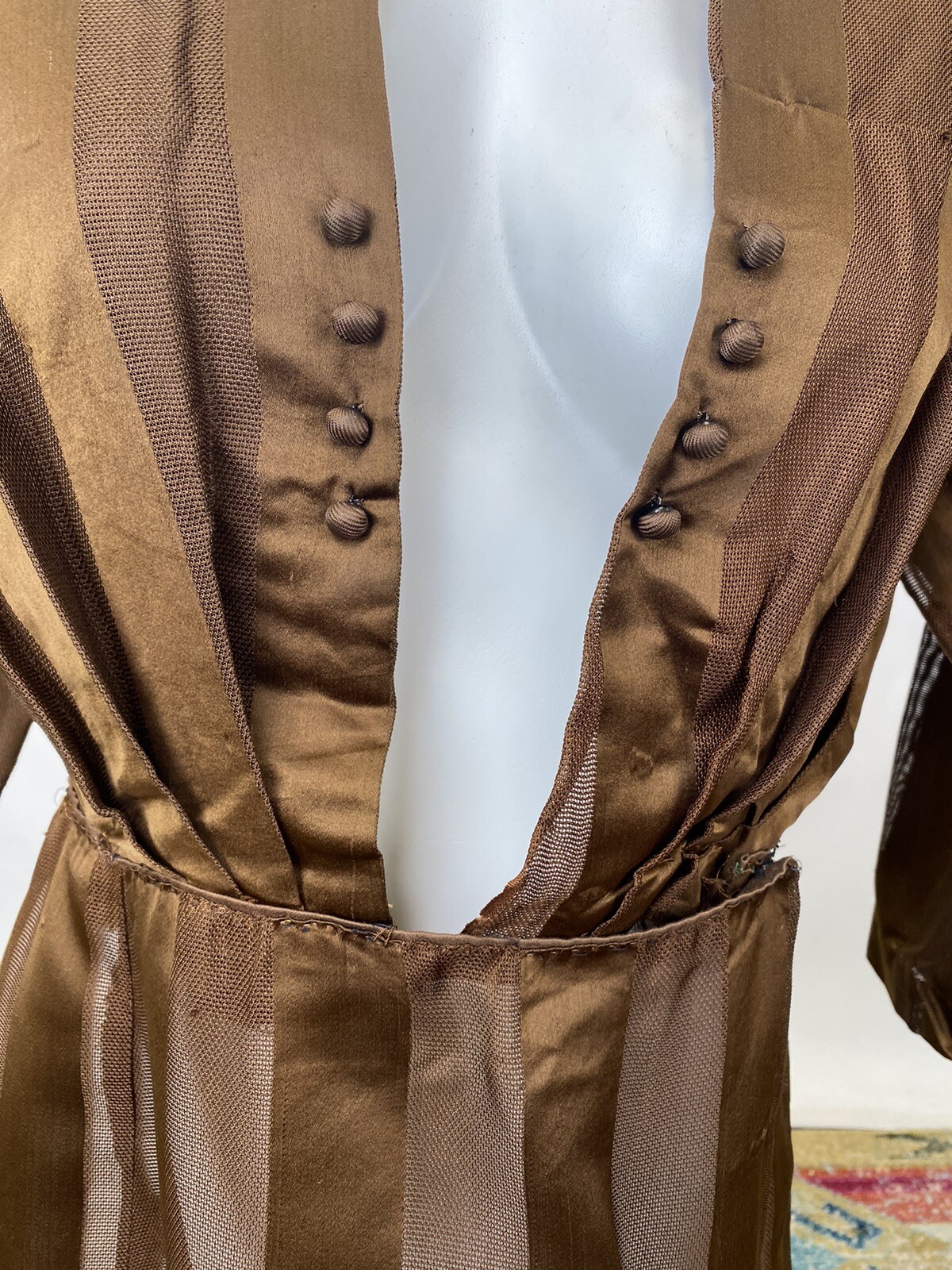 Brown Silk Net Striped Antique Victorian Walking Dress Edwardian 1900s AS IS