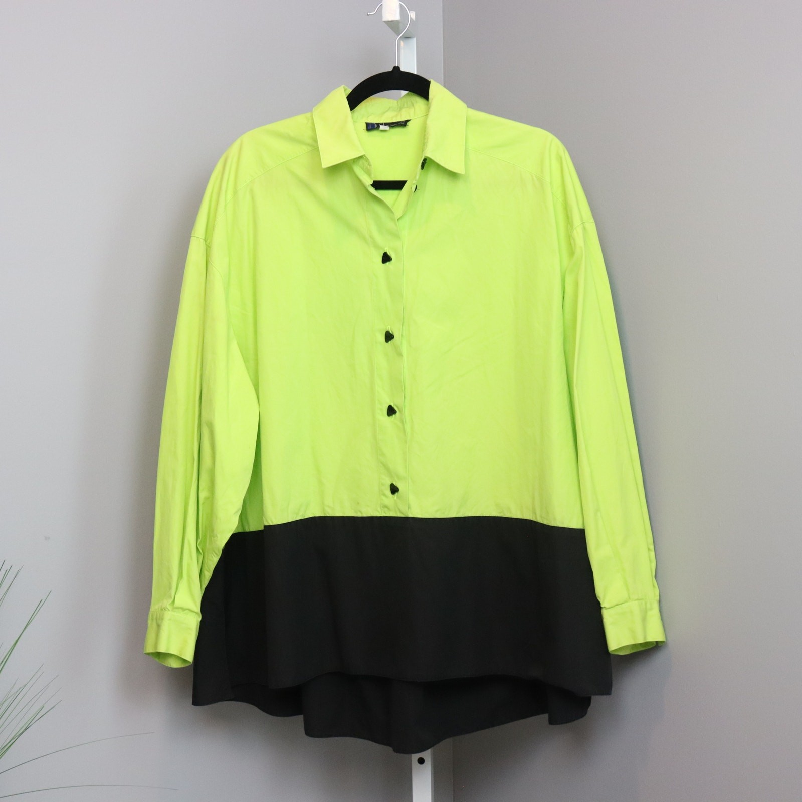 Vintage Claude Montana Neon Green Black Colorblock Blouse Italy Size 46