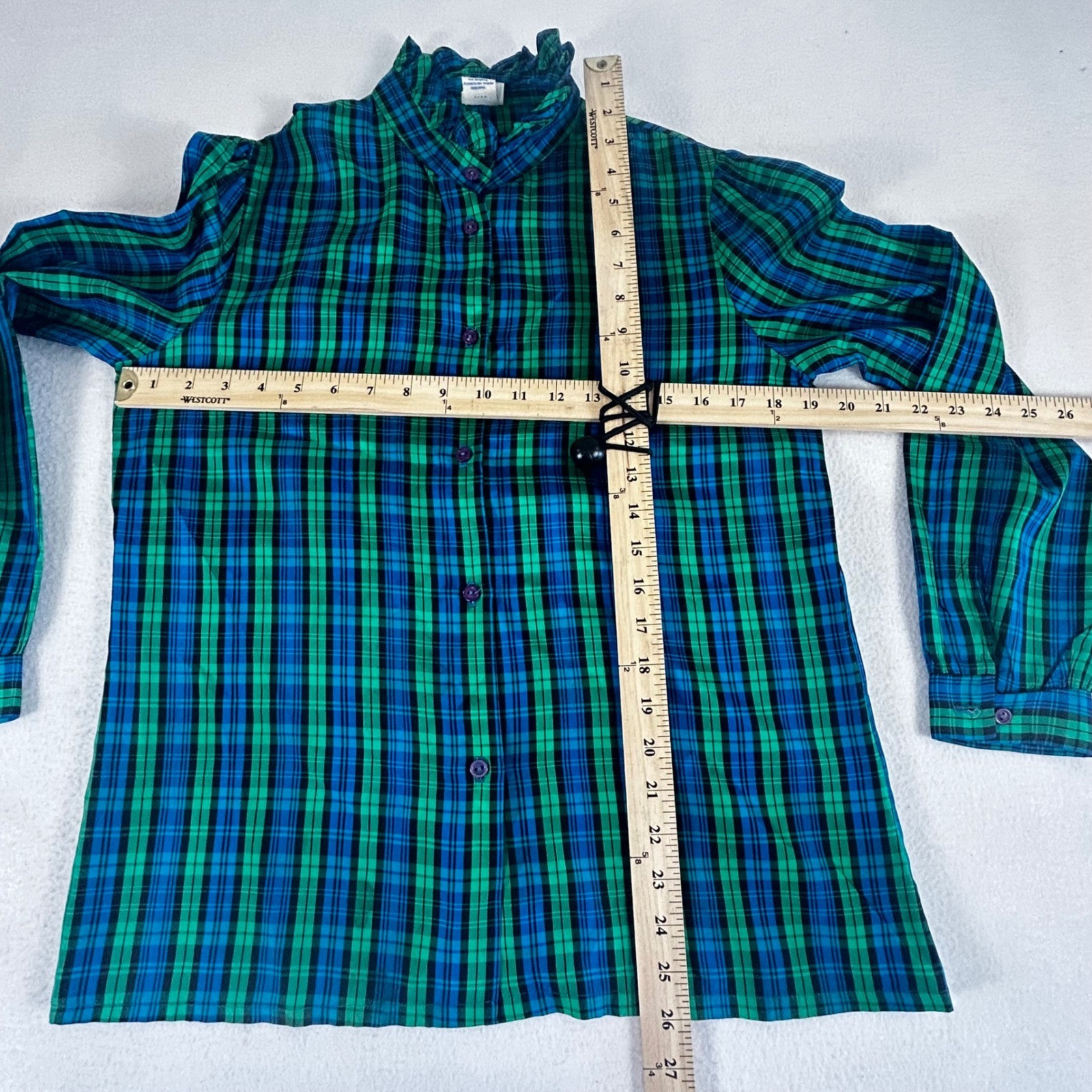 Vintage JCPenney Fashions Plaid Blouse Green Blue Ruffle Neck ILGWU USA 13/14