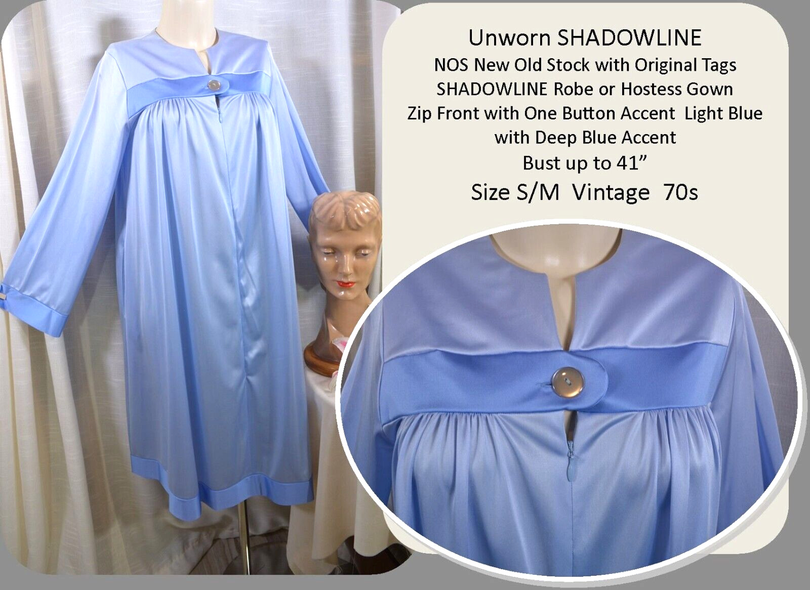 SHADOWLINE Robe or House Coat, Blue, Button & Zip Front, NOS With Tags VTG 70&rsquo;s