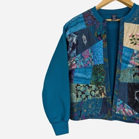 Vintage Lands&rsquo; End Crazy Quilt Patchwork Open Front Sweatshirt Small