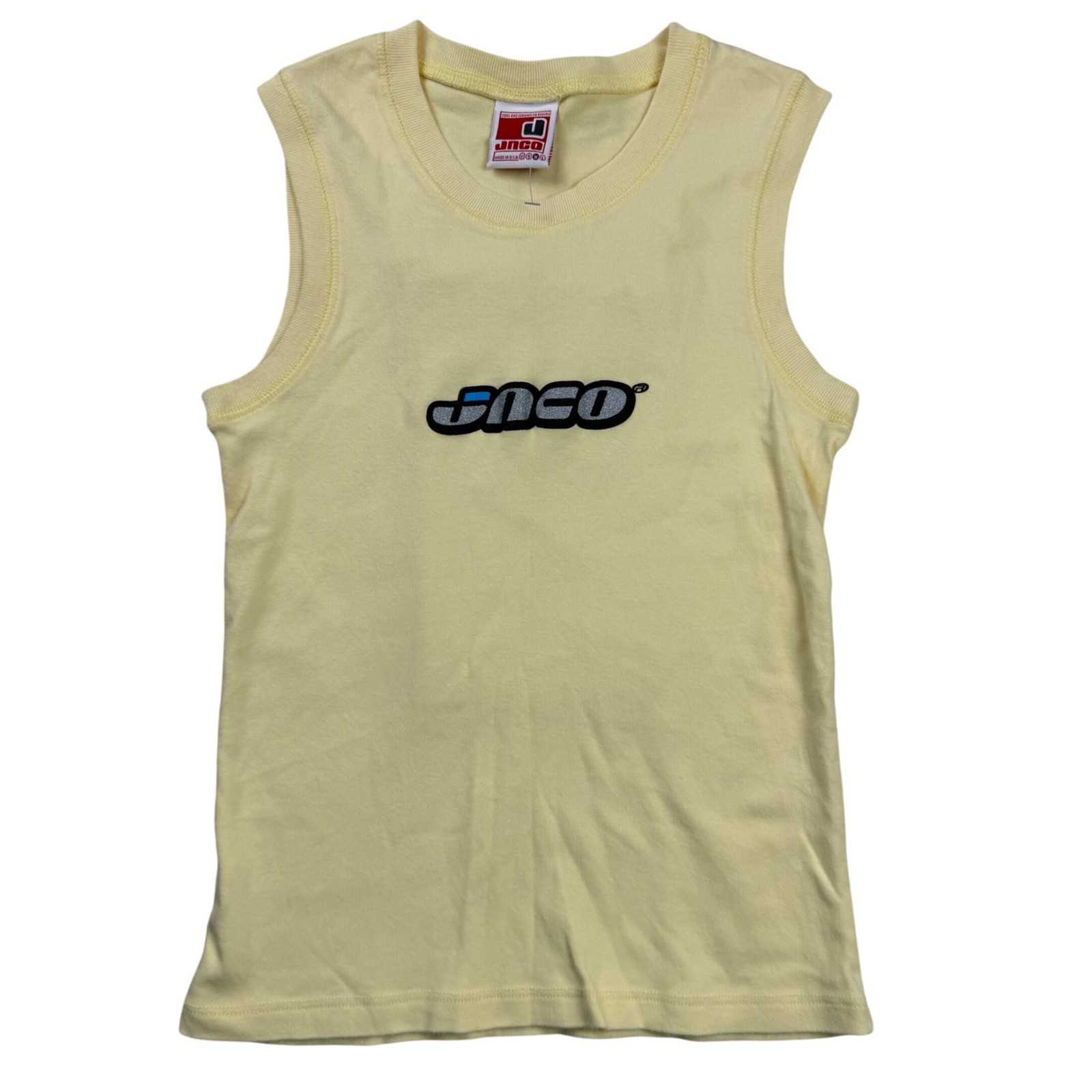 Vintage 90s JNCO Jeans Sleeveless Muscle Tee Yellow Logo Graphic Shirt Small USA