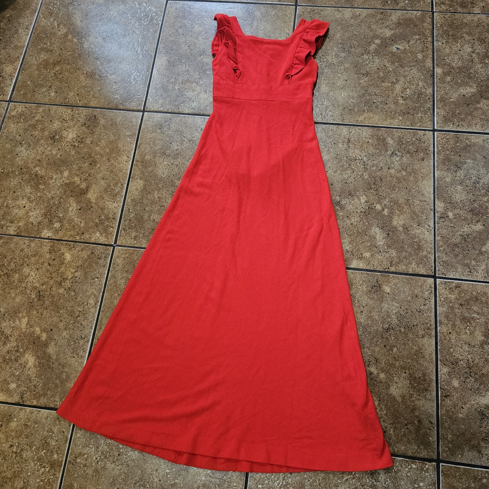 Vintage Bobbie Brooks Dress Maxi Scarlett Orange 70s Ruffle Waist Tie