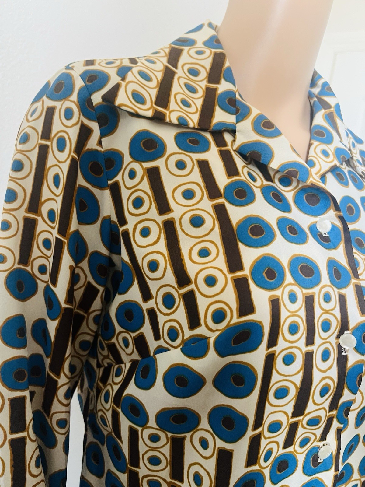 VTG 70s Disco Bold Geometric Circles Big Collar Blouse Graff Californiawear Top