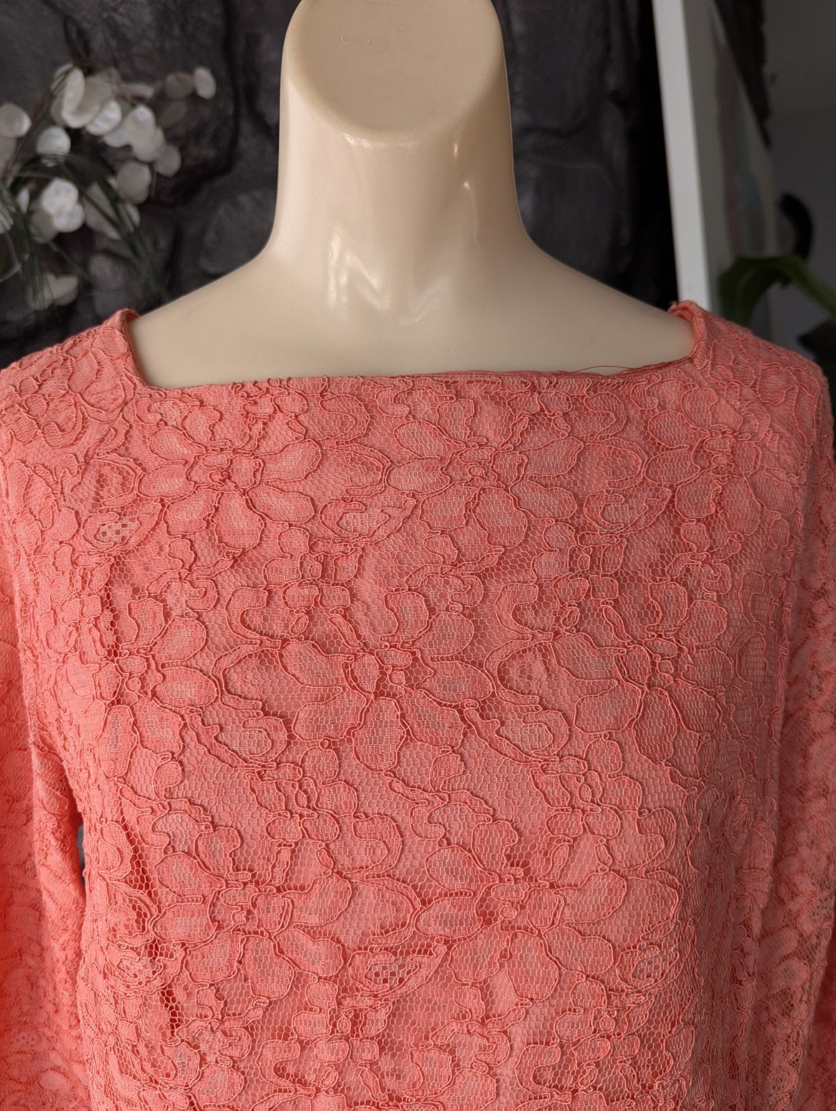 Vtg 60s Coral Peach Lace A-line Dress Bell Sleeves Satin Bow Sz M Party Cocktail