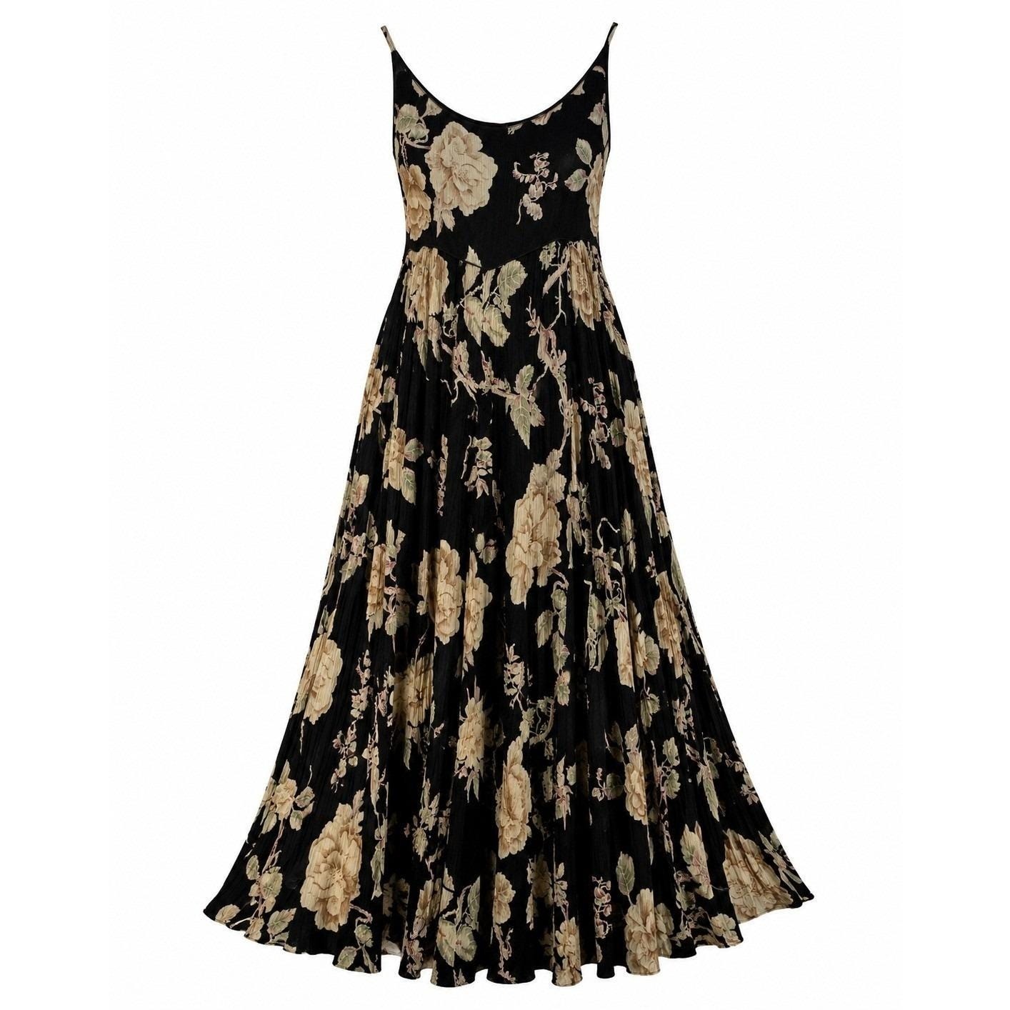 Nostalgia Maxi Dress Women L Black Floral Vtg 90s Broomstick Crinkle Sleeveless