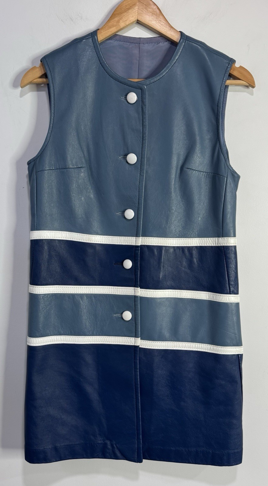 Vintage Leather Dress 70s 80s Blue Stripe Steampunk Retro Workwear Grannycore