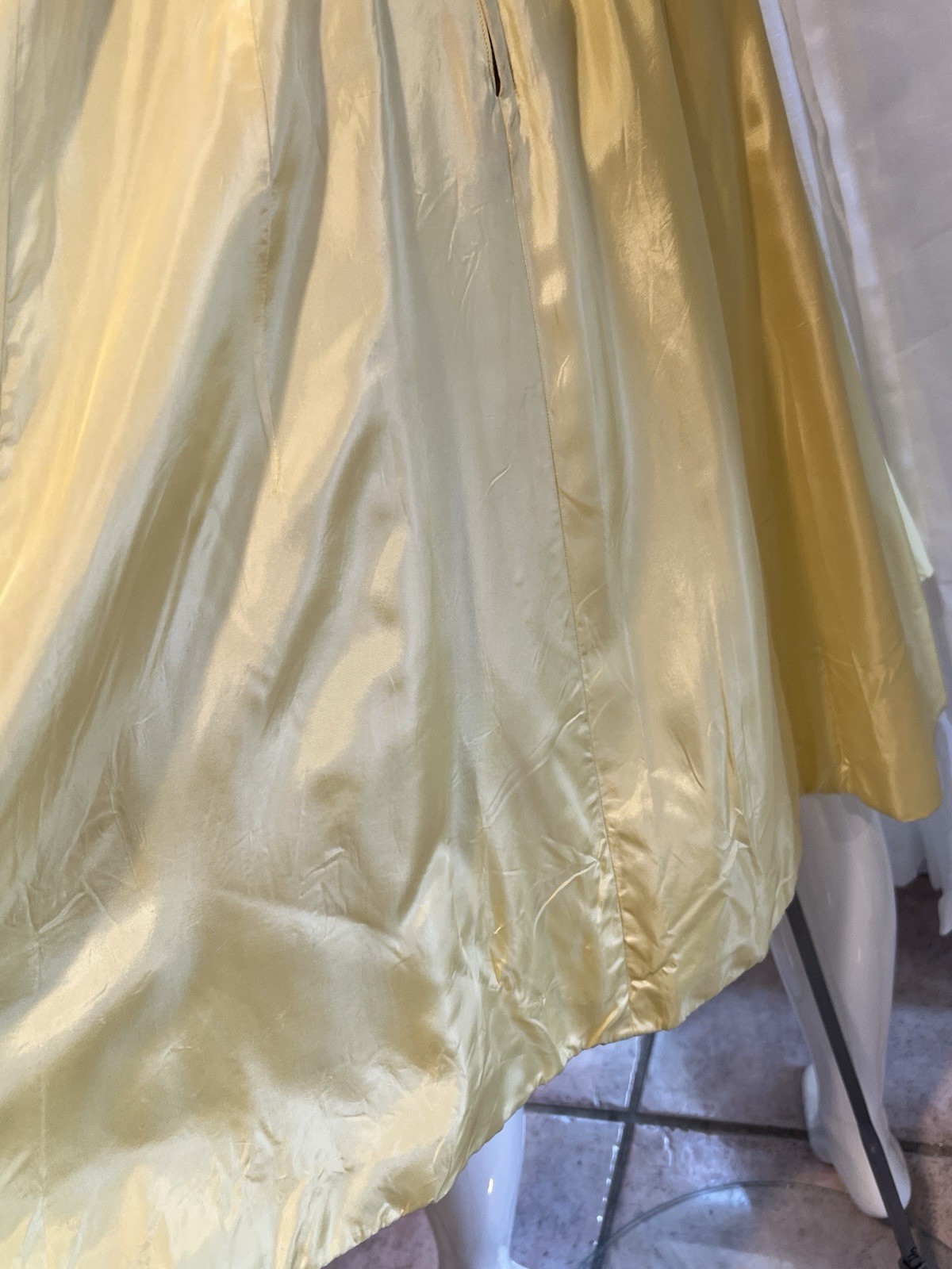 Vintage Buttercream Lined Yellow Strapless Satin Darted Boned Bust Circle Dress