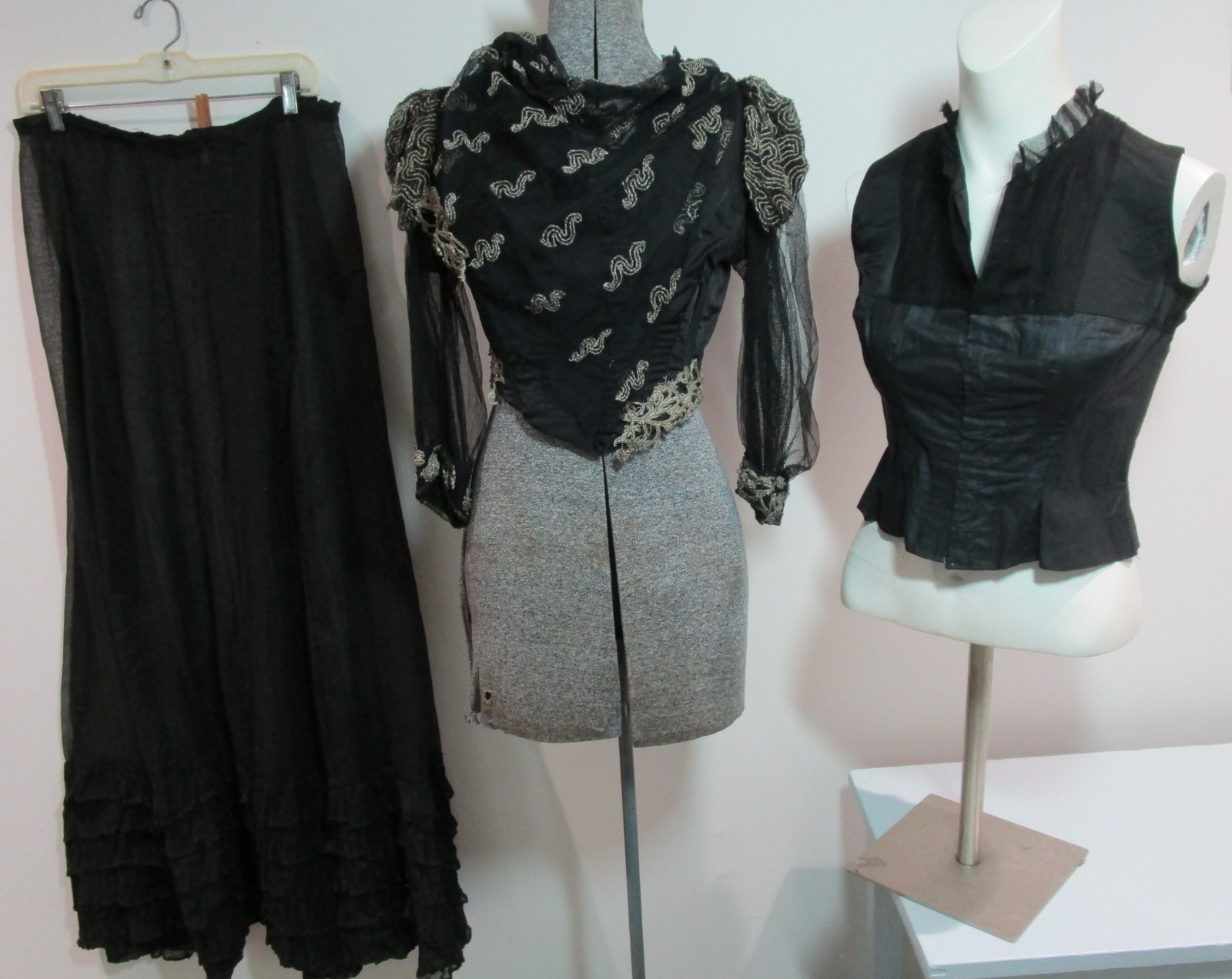 Lot Antique Victorian Clothing, Shirtwaist Blouse, Sheer Petticoat Skirt, Vest