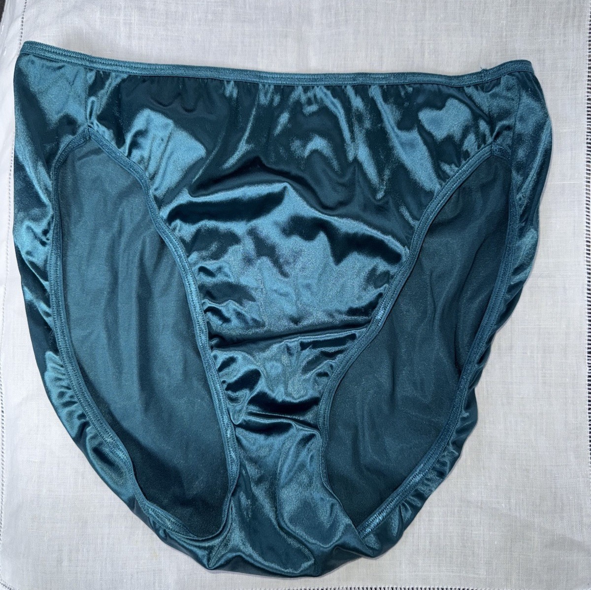 Vtg Vanity Fair Panties Second Satin High Cut Brief Pretty Peacock Blue Teal 6 M