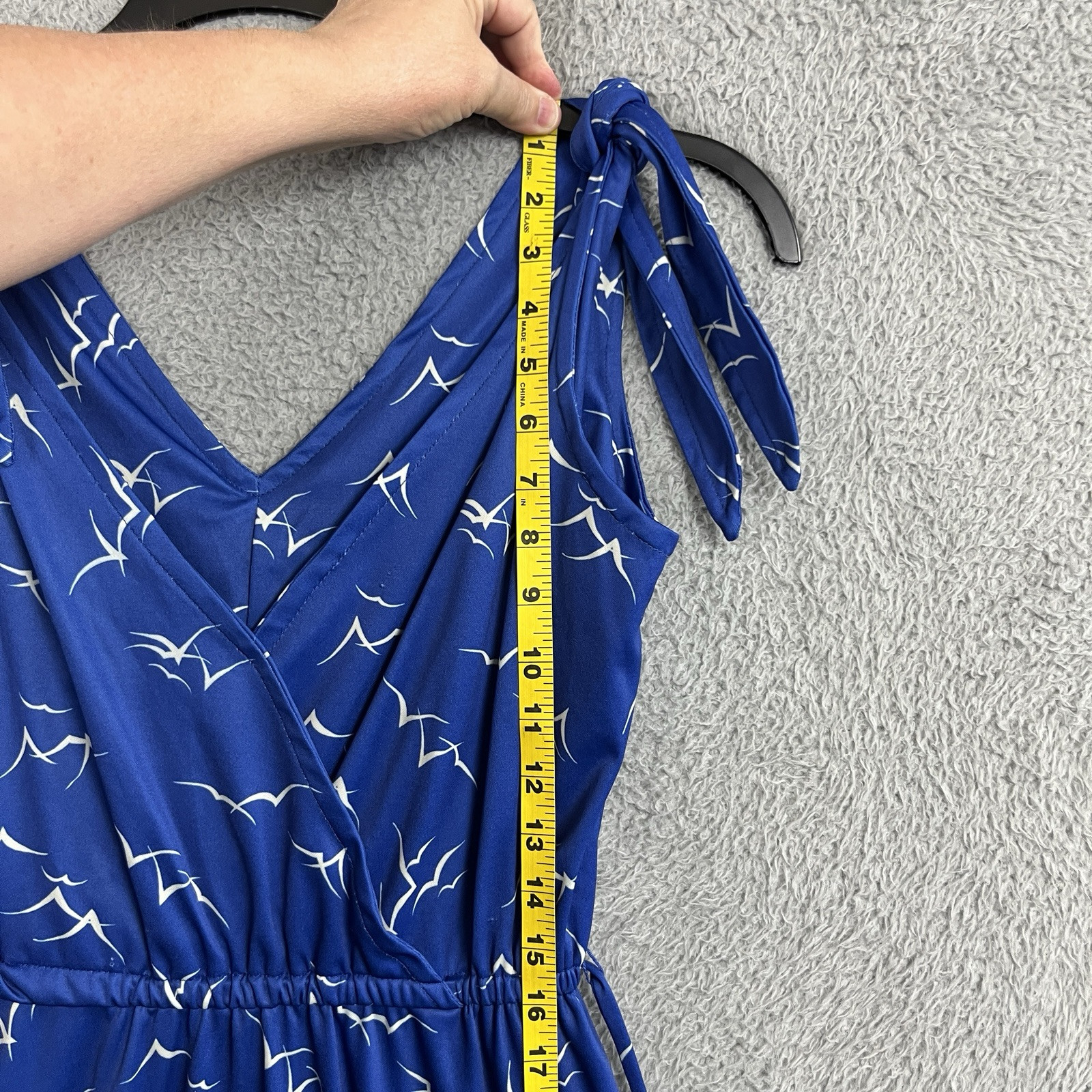 Vintage 70s Dress Womens Small Blue Seaside Seagulls All Over Print Tie Shoulder