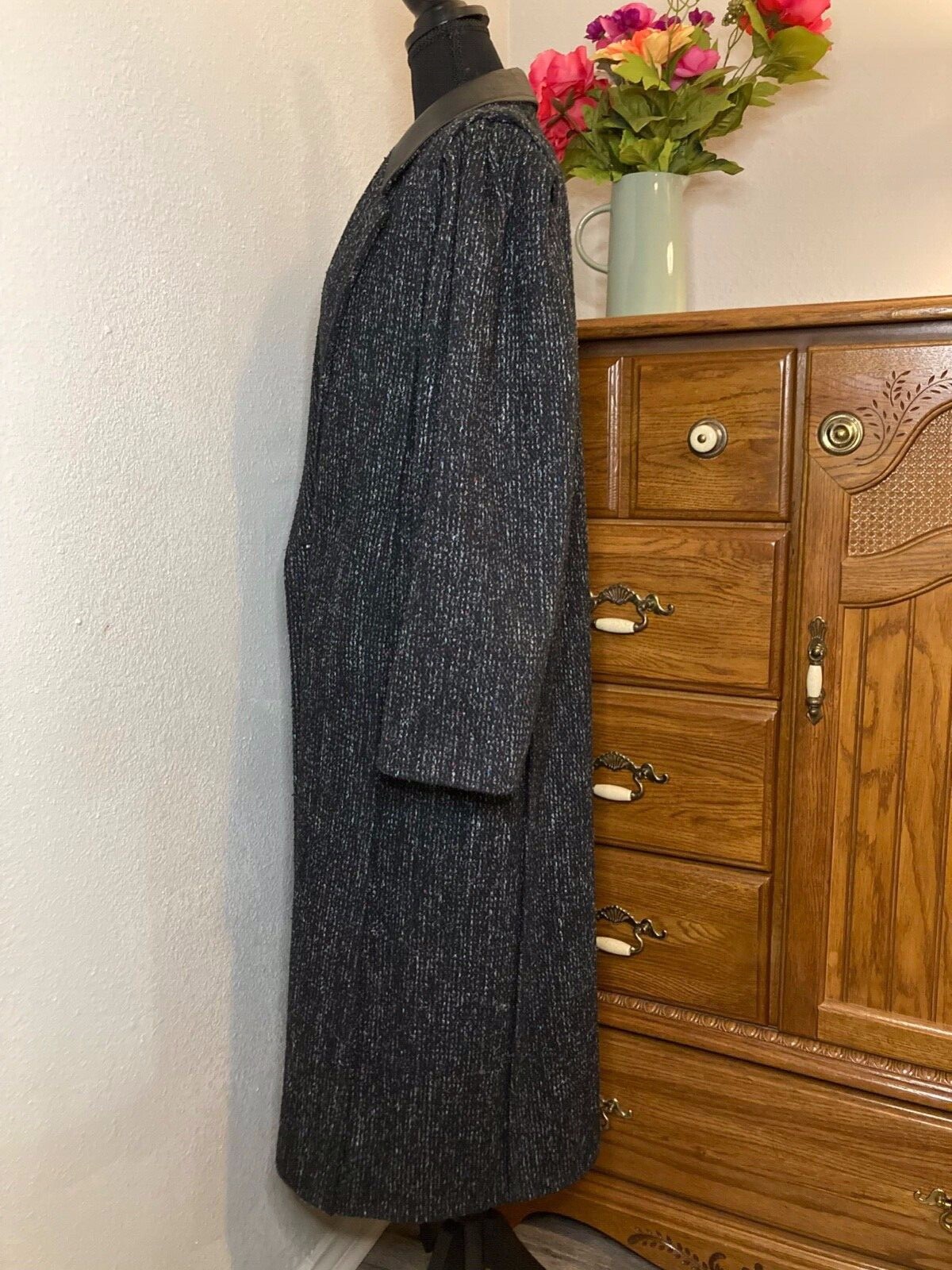 BBI Black Women&rsquo;s Vintage Textured Tweed Wool Overcoat w/ Leather Trim L XL 