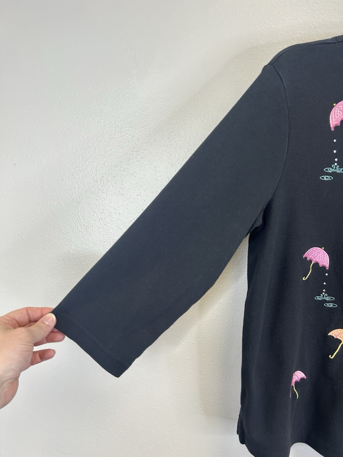 Vintage 90s Umbrella Embroidered Button Up Shirt Size L Petite Black Quirky Fun