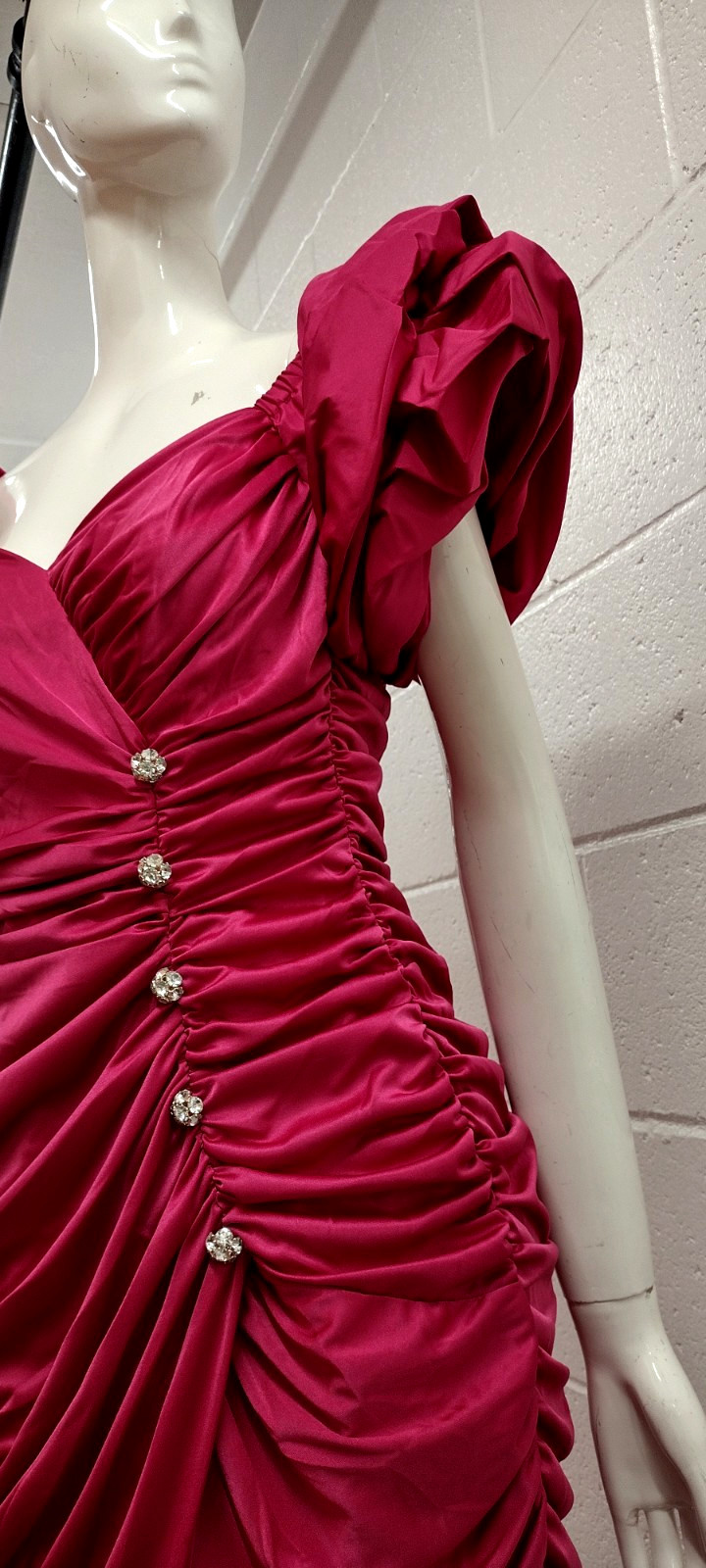 1980s Couture Dress Pink Fuchsia Balloon Sleeve Rhinestone Buttons SAMIR 80s M