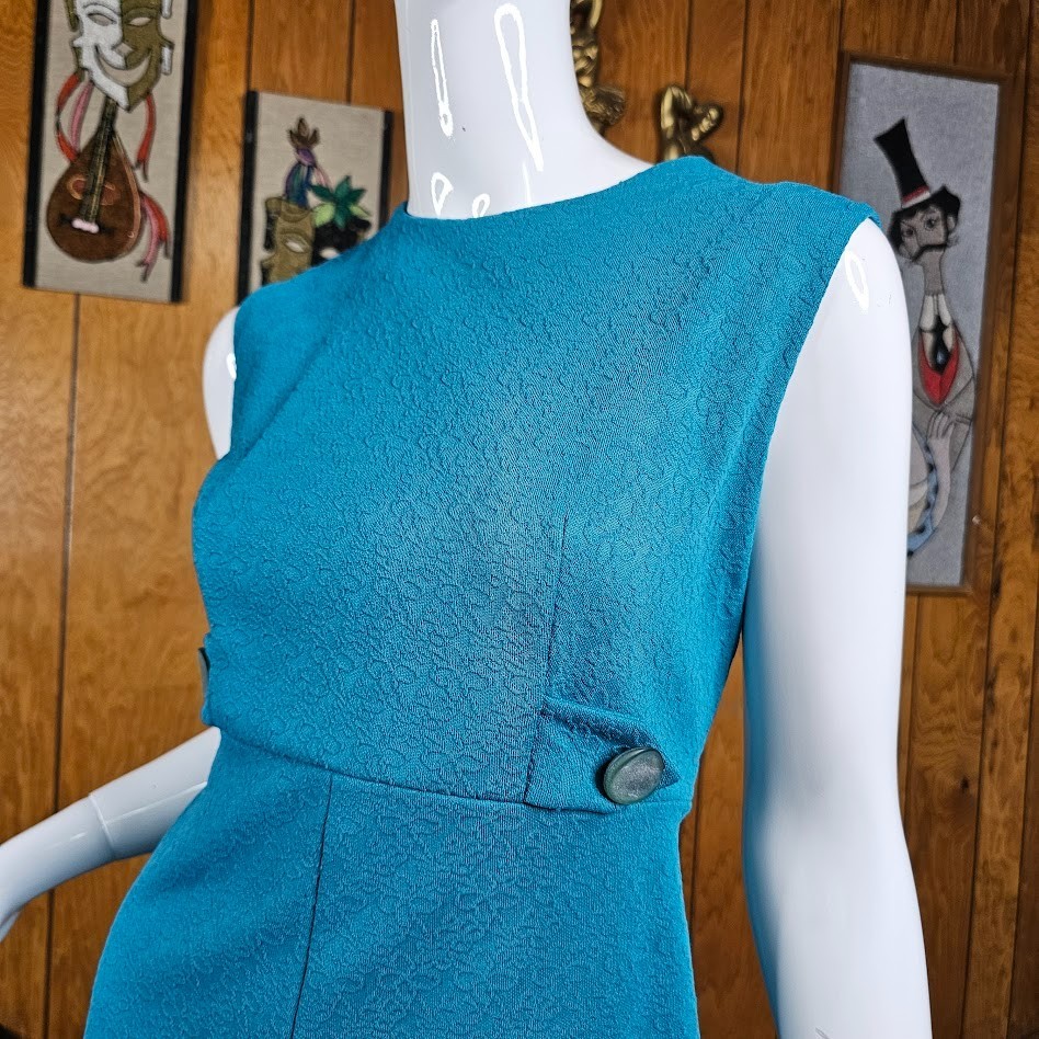 Vintage 60s Mod Go Go A-Line Empire Mini Shift Teal Texture Knit Party Dress M/L