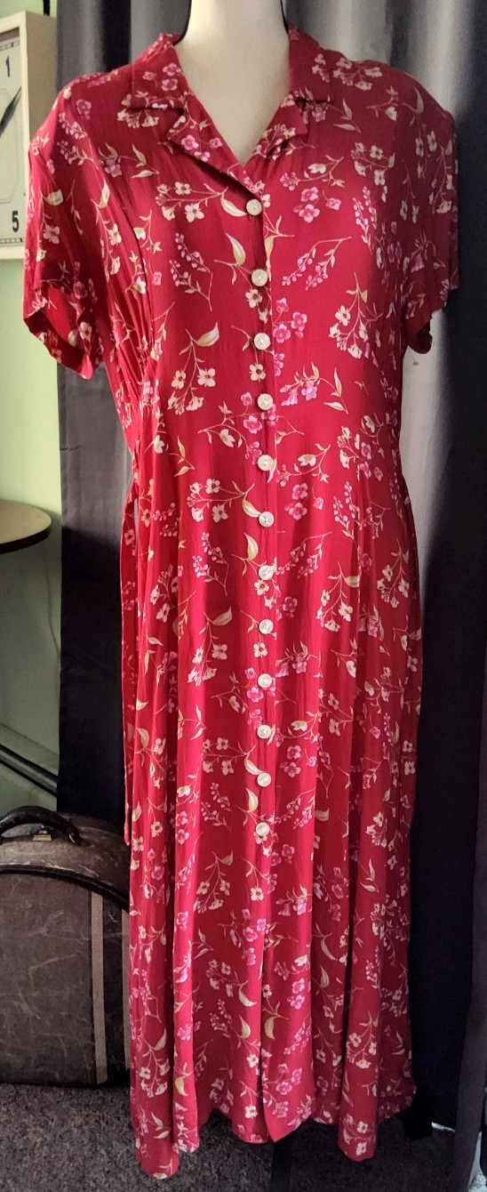 VTG RED FLORAL 1940s STYLE DAY DRESS Retro 90s Rayon. Tea Length Swingy Sz 14/16
