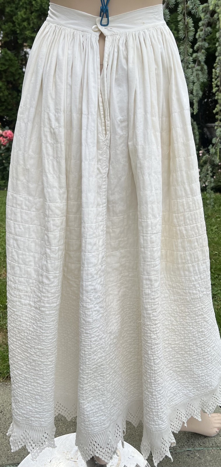 ANTIQUE EDWARDIAN WHITE COTTON QUILTED PETTICOAT W/ CROCHETED HEM