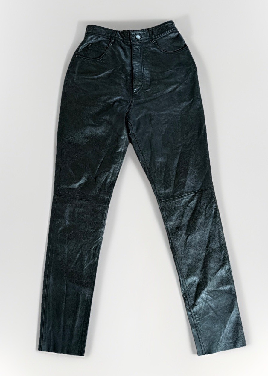 Vintage 1970’s Women’s Black Leather High Rise Straight Leg Pants Waist 25 in.
