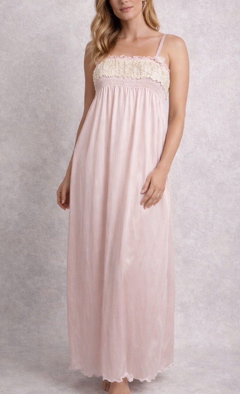 Stan Herman Pink Nylon Nightgown Lace Trim Maxi Slip Dress Vintage XS