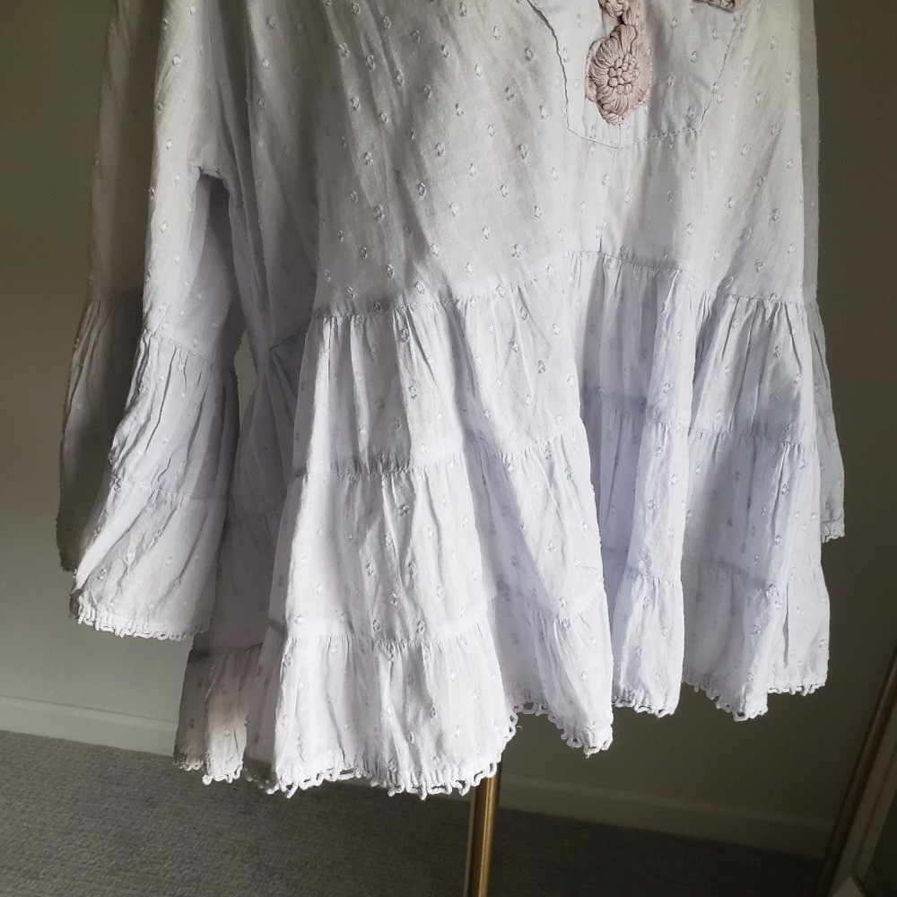 Antica Sartoria Baby Blue Peasant Blouse with Taupe Floral Embroidery One Size