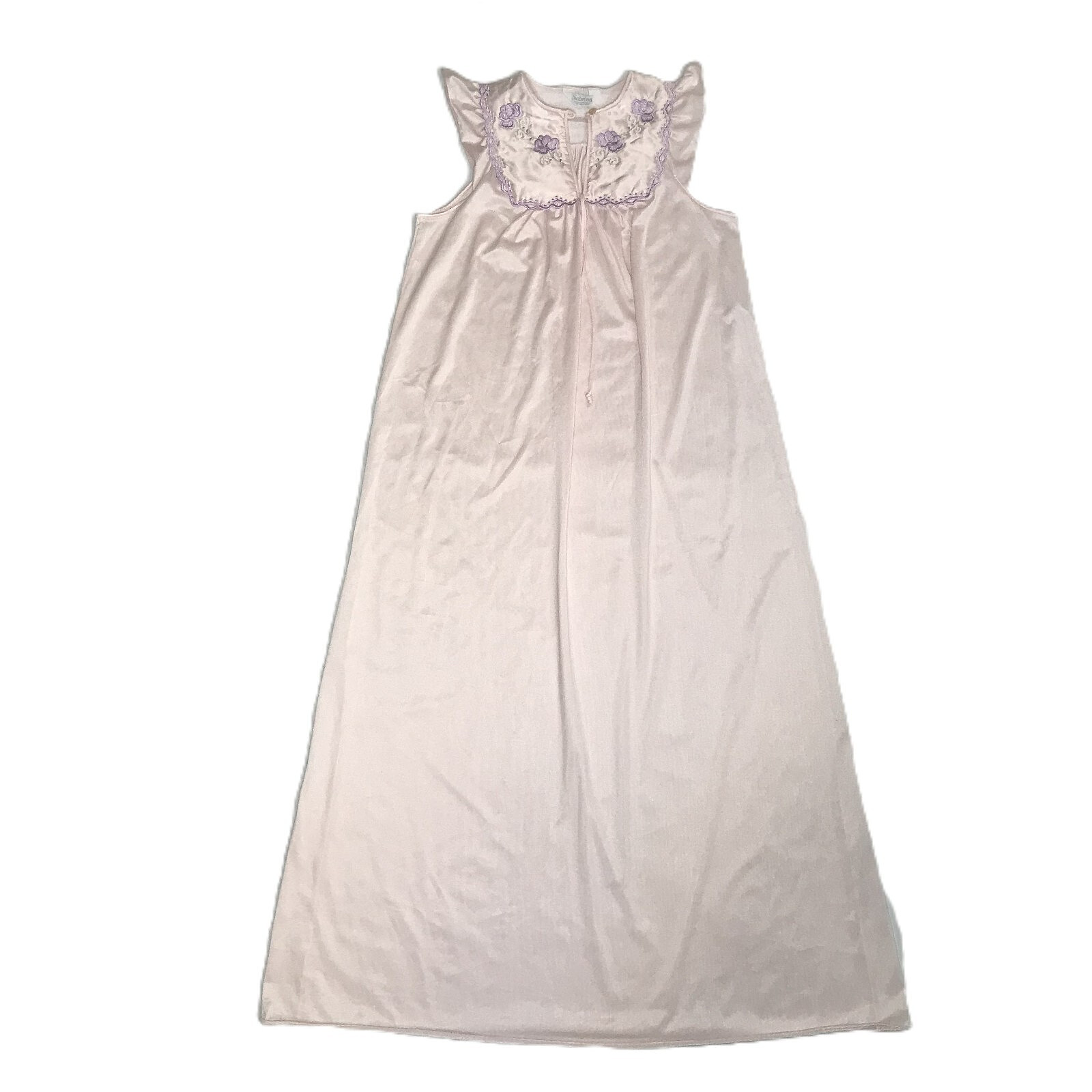 Vintage Sabrina By Mervyn&rsquo;s Long Pink Nylon Night Gown w/ Embroidered Flowers