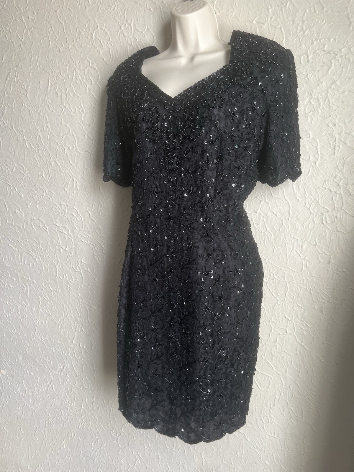 Vintage Stenay Black Fully Beaded Sequin formal dress Mother Of Bride Short XL
