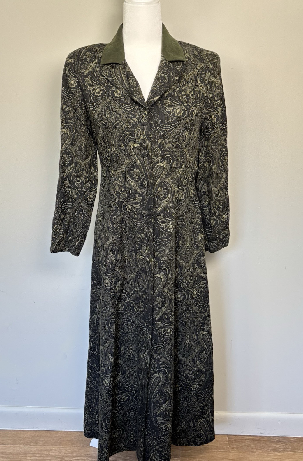 VTG 90s Jessica Howard Maxi Coat Dress-Olive Green Paisley-Suede Collar-Size 6