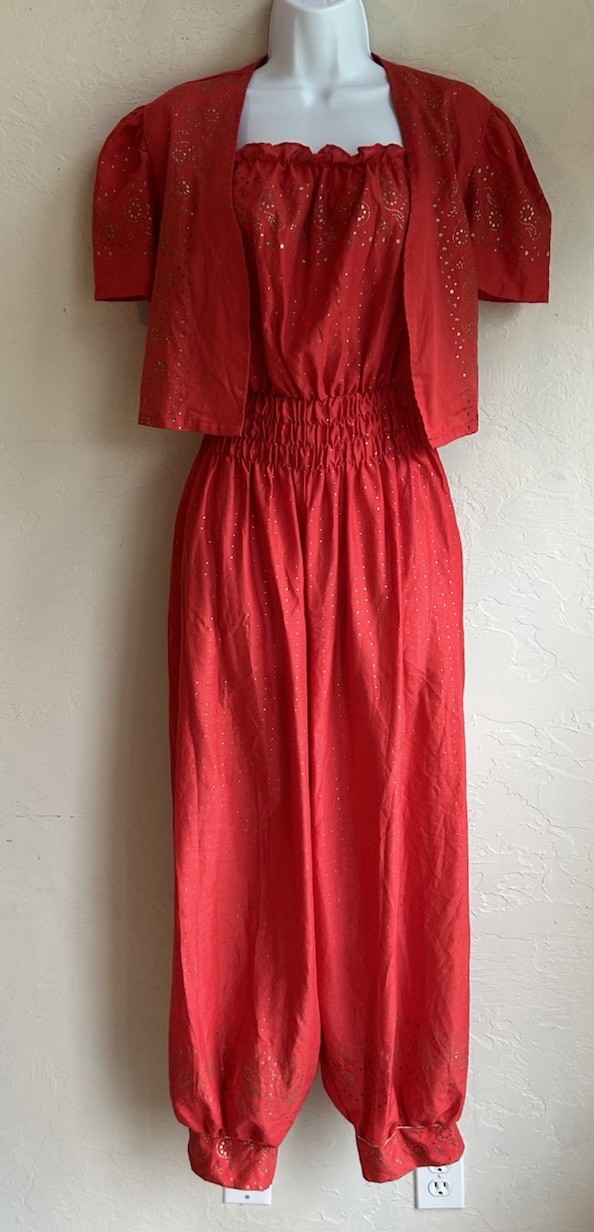Vintage 1970s Strapless Jumpsuit Duster Set L Red Gold Harem Balloon Boho Disco