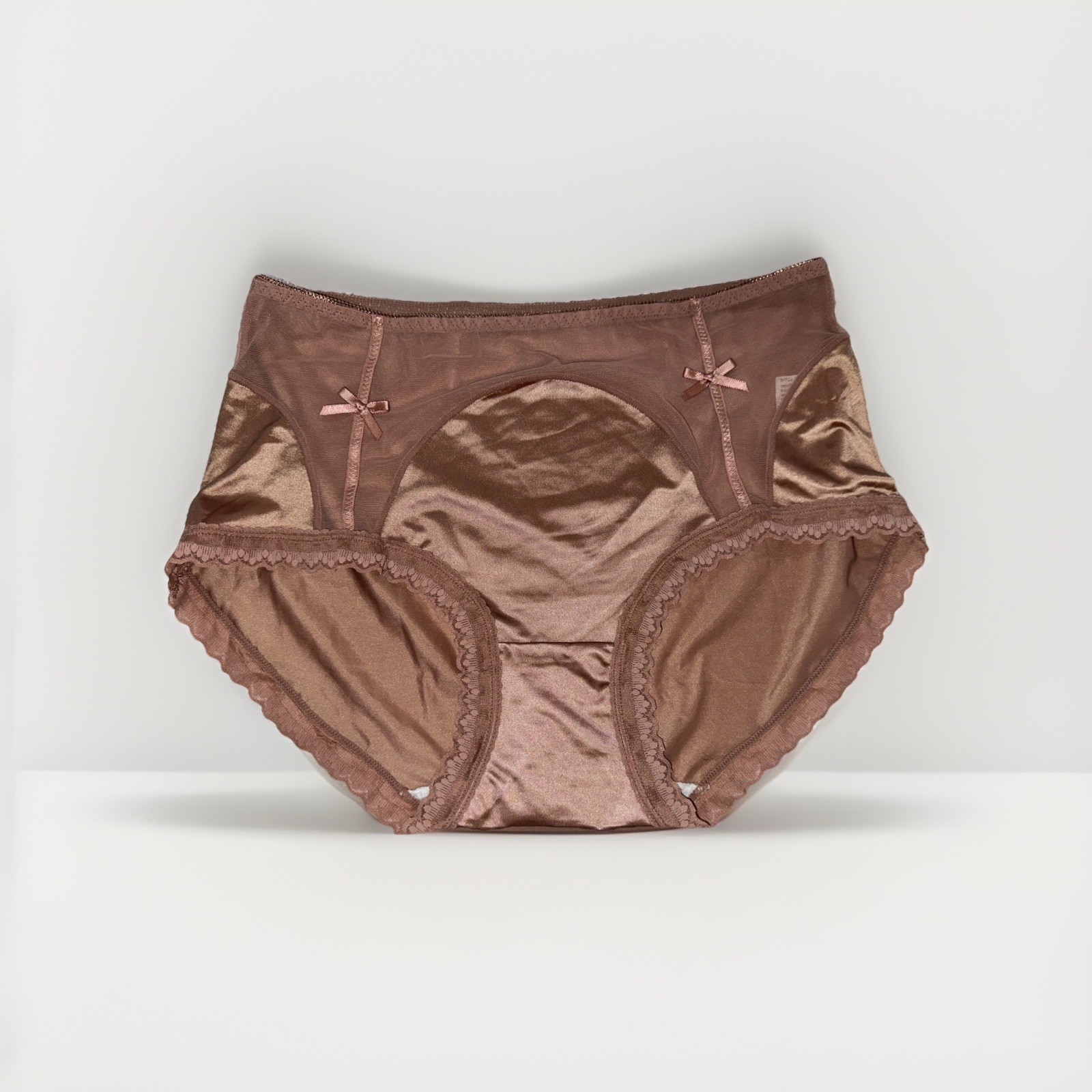 ~Shiny Large Rose Champaign Nylon Lace Blended Panties W/Bows Cotton Gusset New