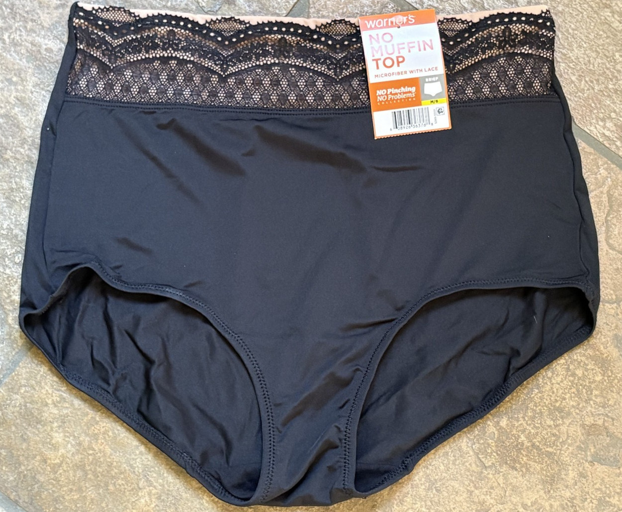 Warner&rsquo;s Medium Silky Black with Stretch Lace Waistband Brief Panties #7401 NWT
