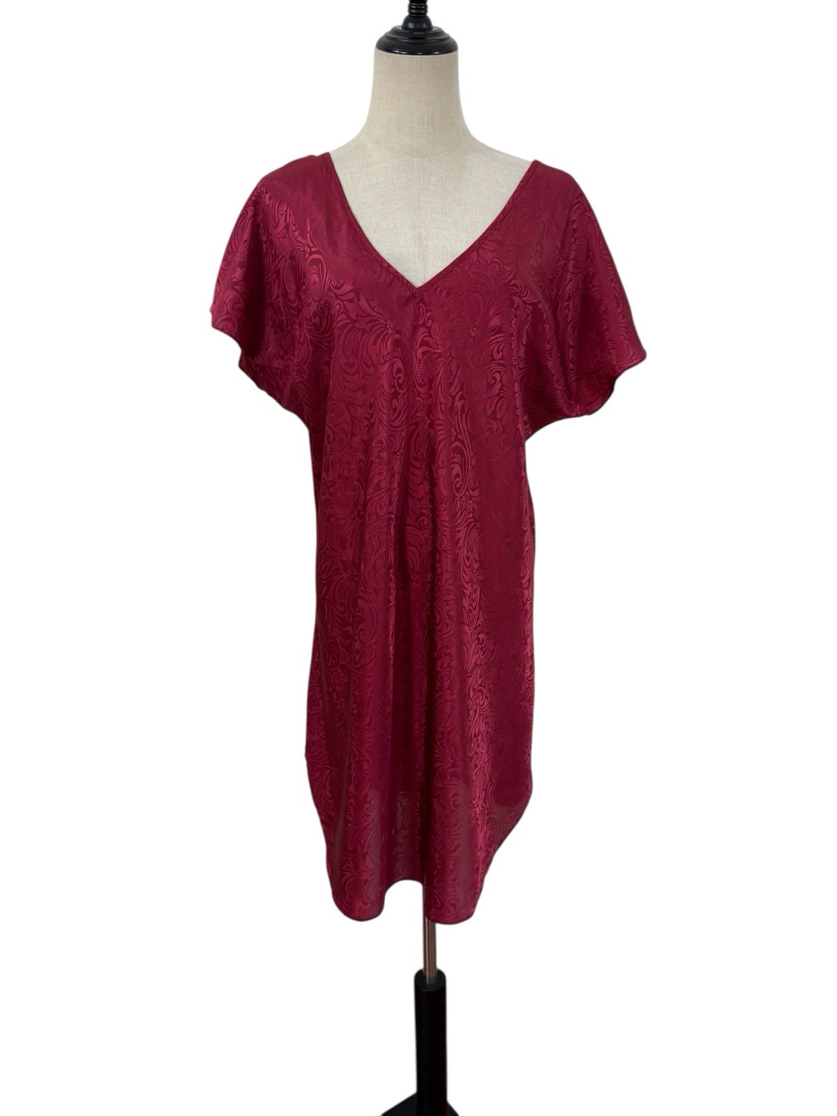 Vtg 90s Innermost Burgundy Jacquard Satin Nightgown Sleep Shirt Sz S Back Detail