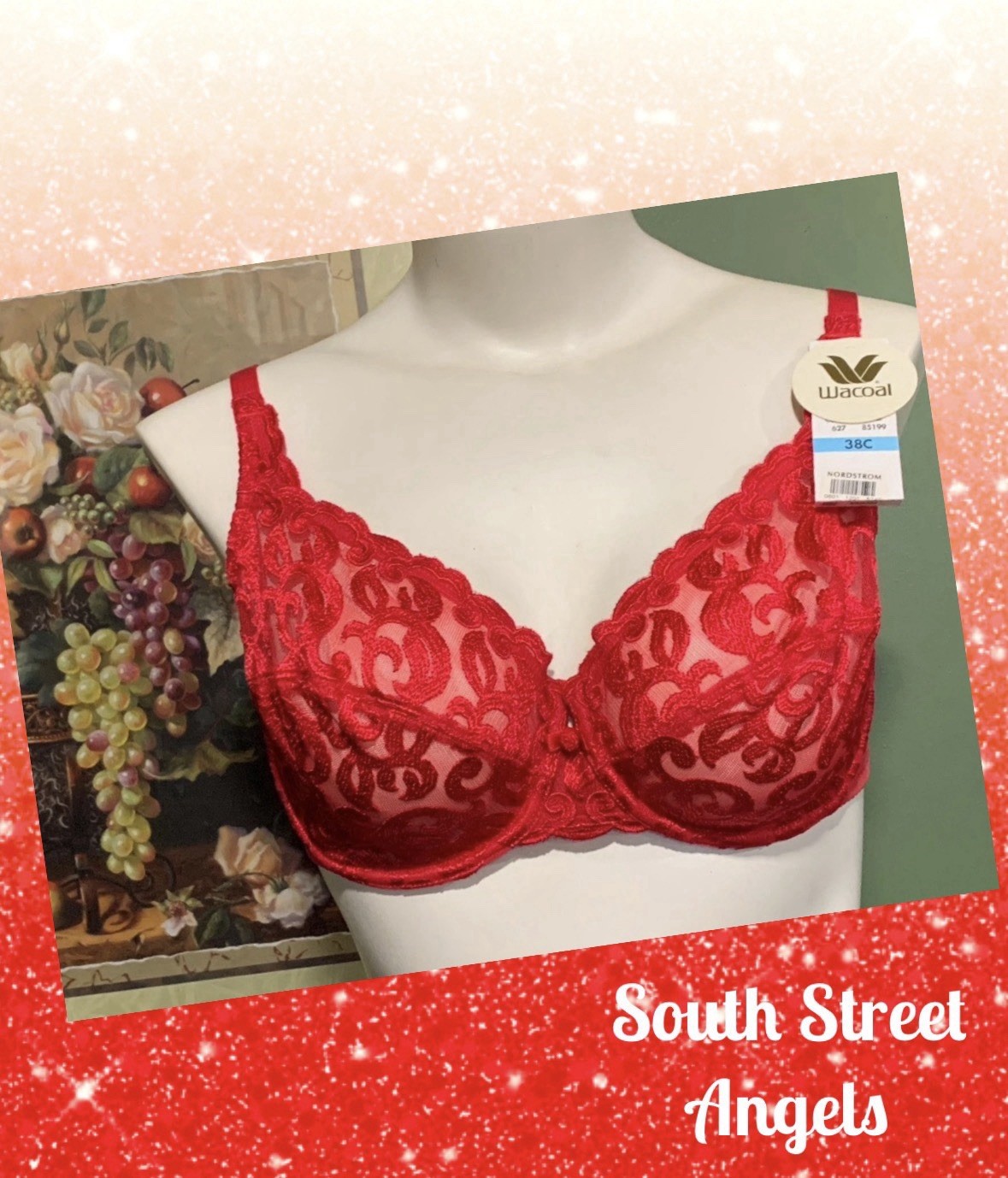 VINTAGE WACOAL 85199 ~ RED ARABESQUE SEMI SHEER FULL FIGURE UNDERWIRE BRA 38C
