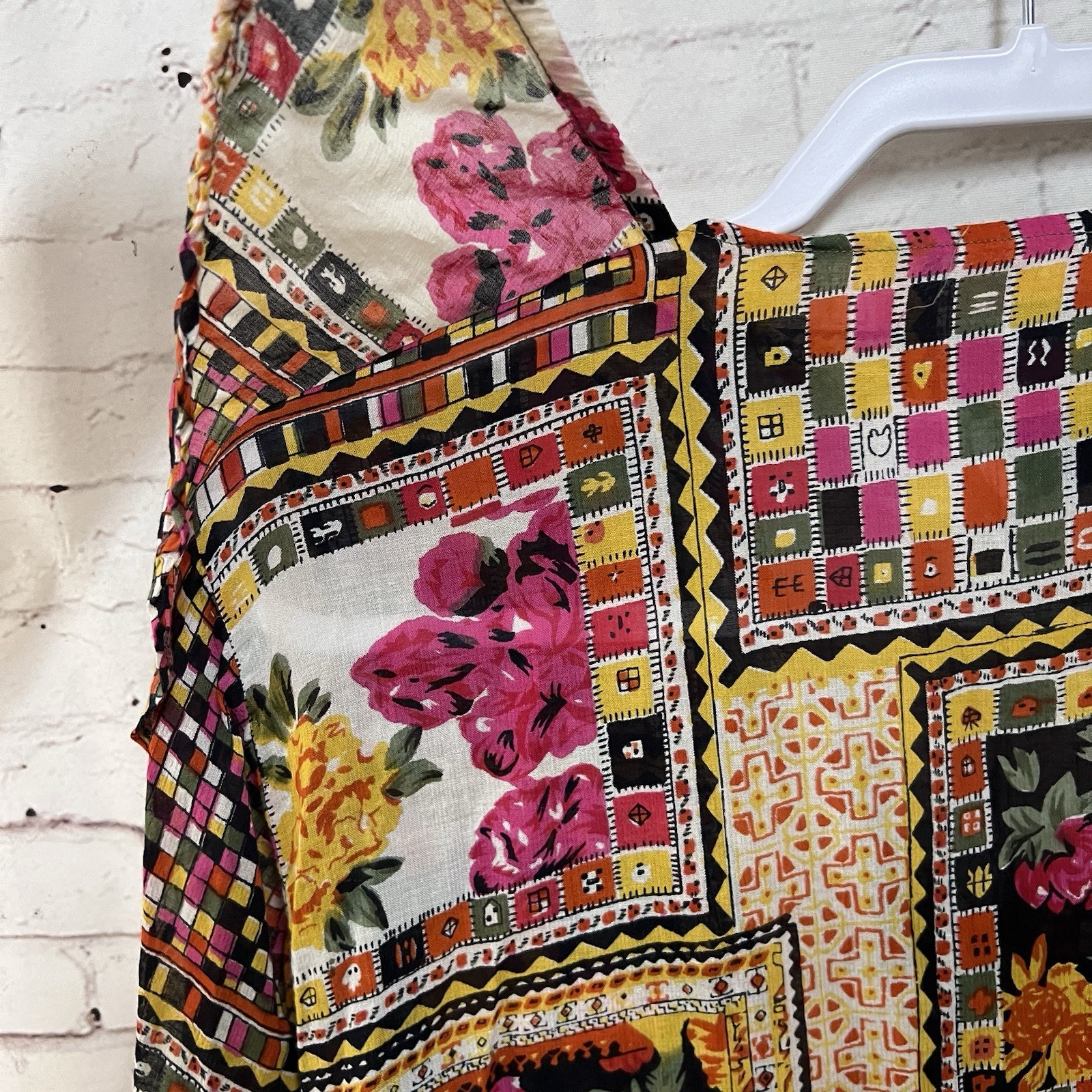 Vintage Gitano Blouse M Patchwork Floral Ruffle Collar Rayon Cotton 80s 90s Top