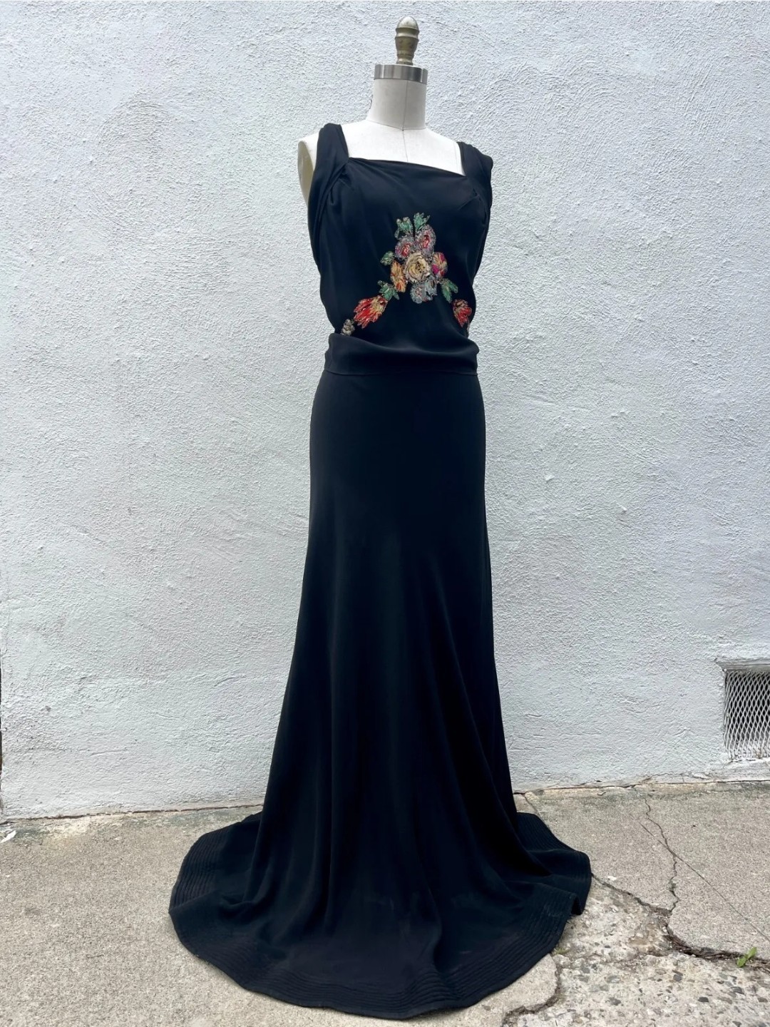 Vintage 30s Bias Cut Crepe Floral Appliqué S/M 1930s