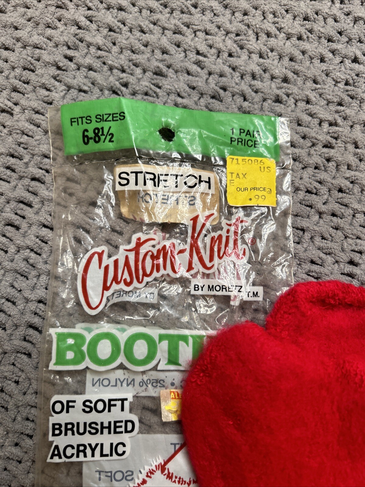 VTG Socks Fuzzy Booties Custom Knit 70s NOS 6-8.5 Shoe Size Red Acrylic USA