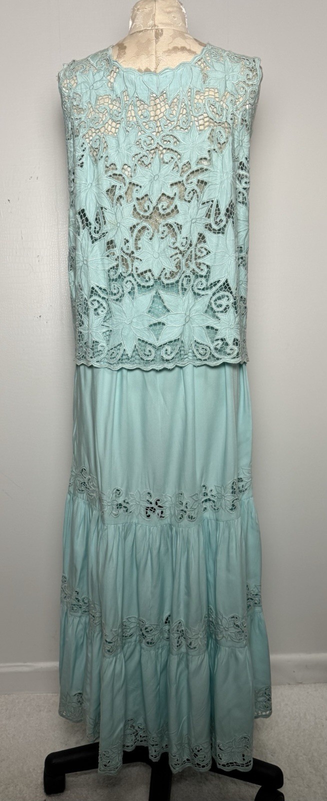 Vintage Aqua Blue Cutwork Lace 2 Pc Dress Set Boho Resort Maxi M