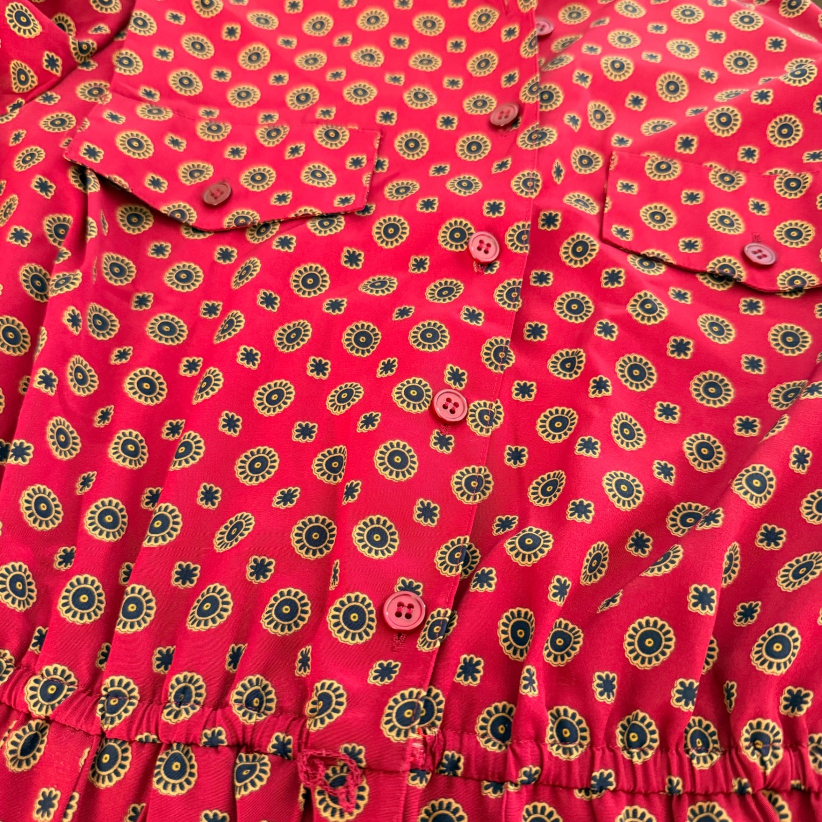 Appleseeds Vintage Red Medallion Print Pleated Midi Shirt Dress 12P Belted