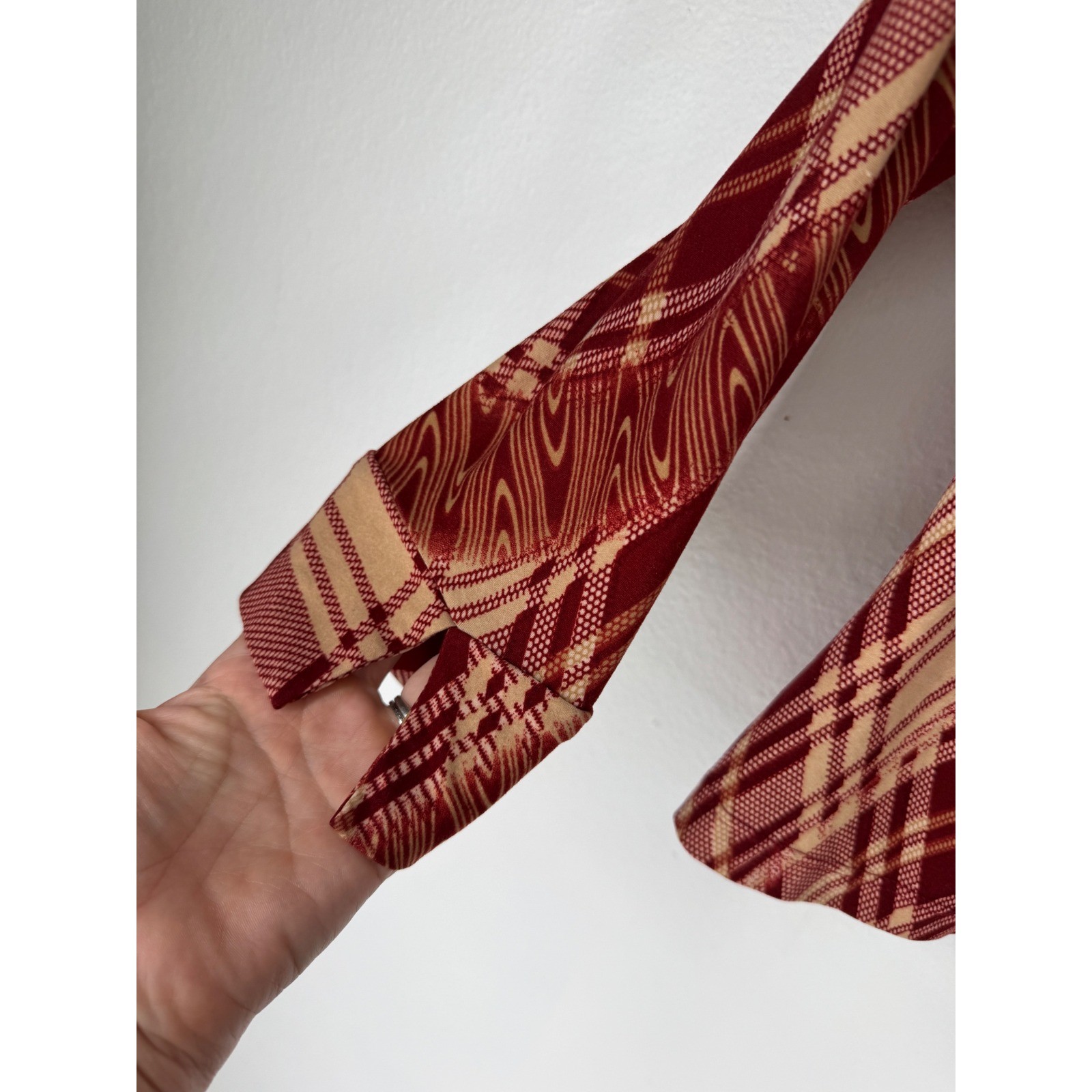 Vintage 90s Y2K Abstract Button Blouse Small Burgundy 70s Style Disco Stretch