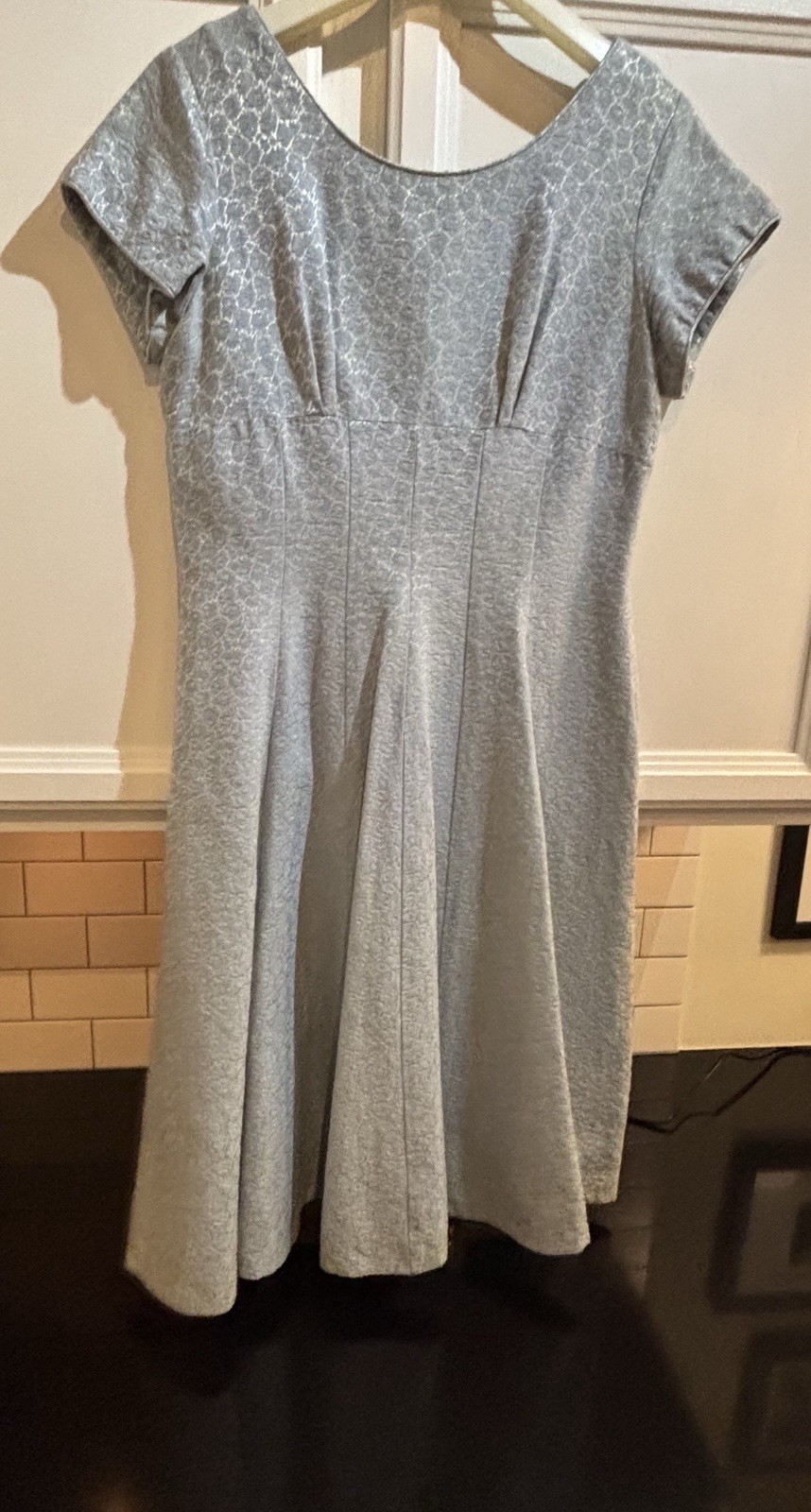 1960s Vintage Shimmering Powder Blue Floral Brocade Mid Length Dress. M/L Hand