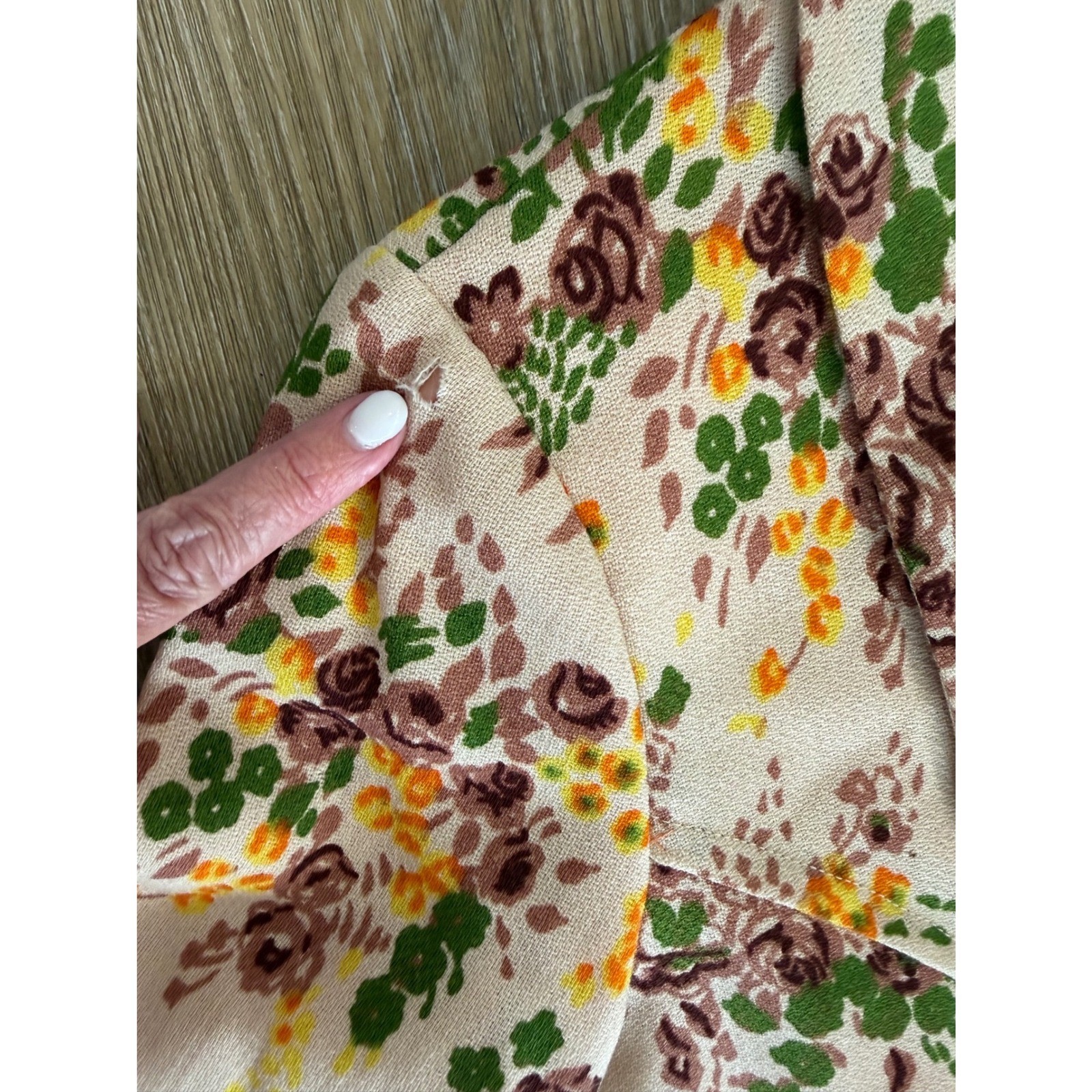 VTG Floral Long Sleeve Button Front Coat Dress Womens M Cream Brown Green Retro
