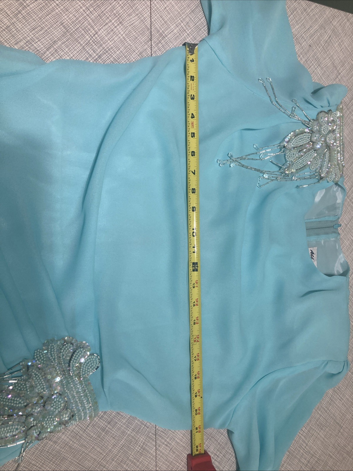 VTG 80s Abby Kent Aqua Mint Beaded Draped Cocktail Dress Ruched Fit Modern Small