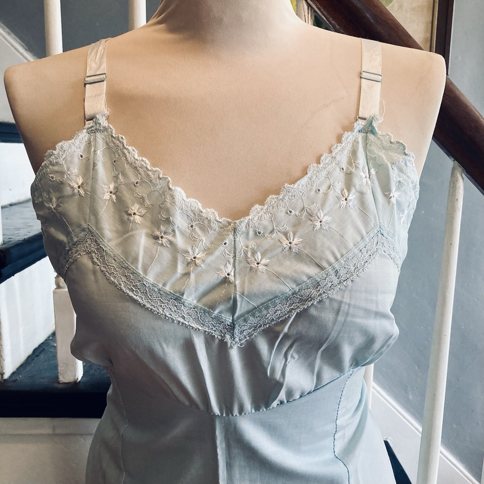 1970s Poly cotton Eyelet Lace Midi Slip Pastel Baby Blue Lingerie Pinup Hippie