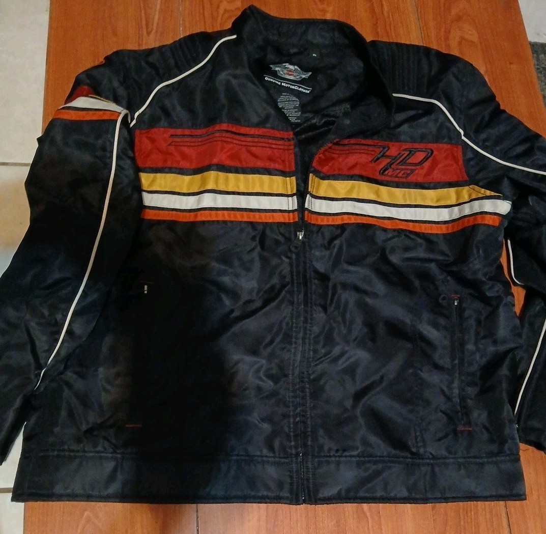 Vintage Harley-Davidson Men’s Racing Jacket – Black/Red with Stripes – Size XL
