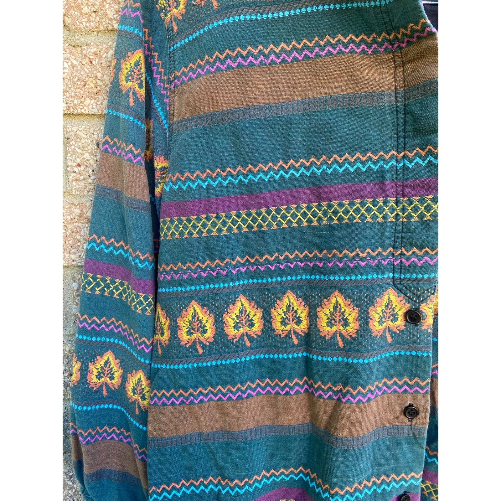 Vintage Southwestern Woven Leaf Button Down Shirt Medium Boho Western Granola